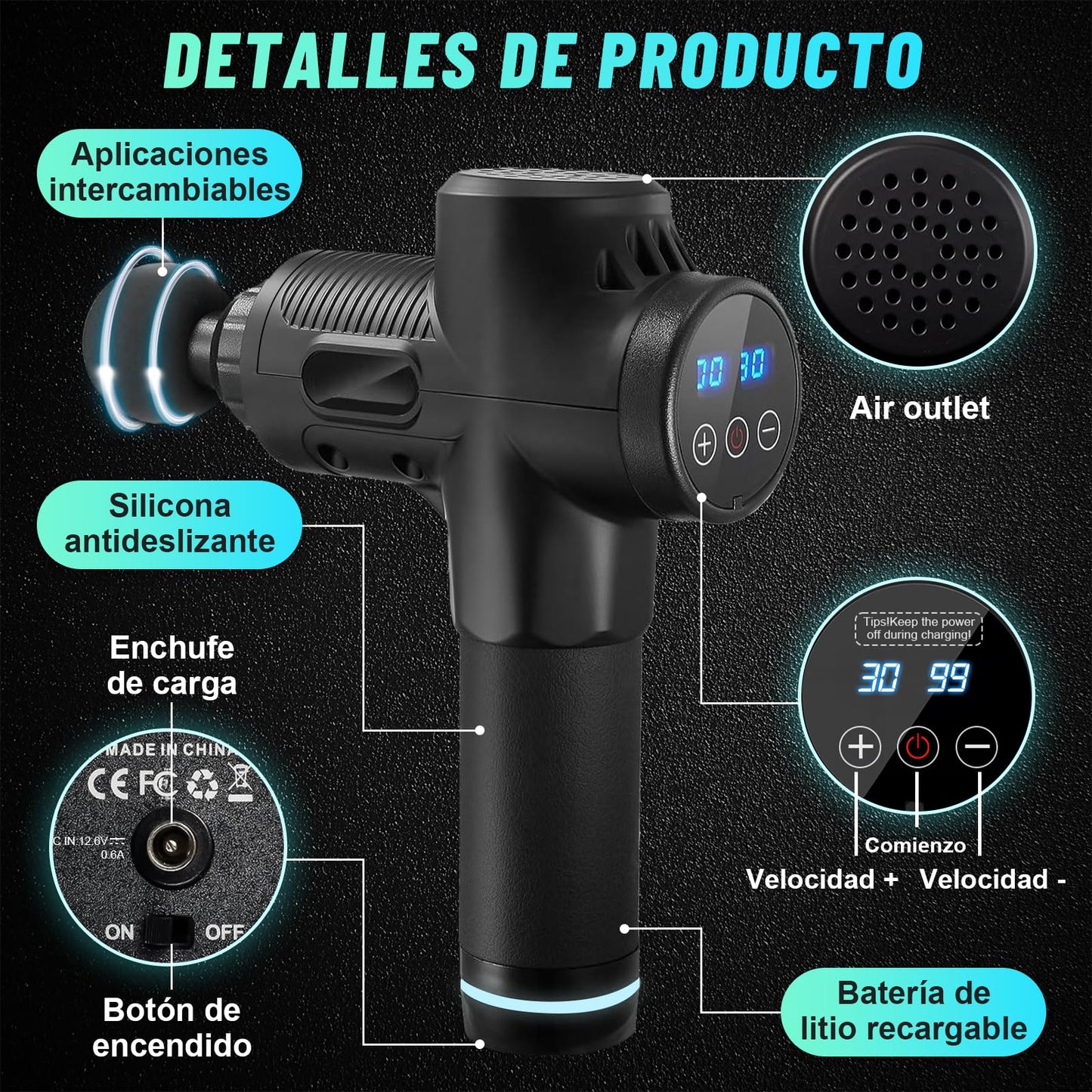 Pistola de Masaje Muscular,4500mAh Pistola Masajeadora,14 Cabezales y 30 Velocidades Ajustables,Masaje Eléctrico de Mano,Masajeador Muscular de Tejido Profundo,Masajeador de Espalda para Hombro,Cuello