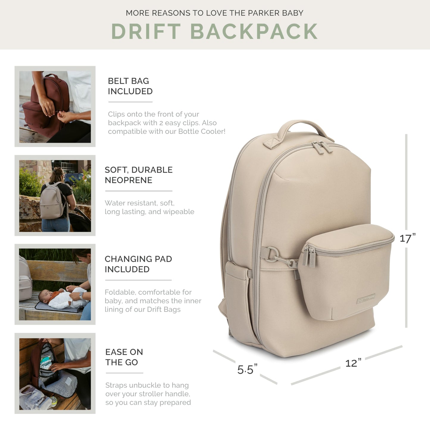 Parker Baby Drift Mochila de neopreno y bolsa para cinturón | Esencial de viaje sin granel con almohadilla para cambiar pañales y correas para carriola, Llama, Large, Moderno