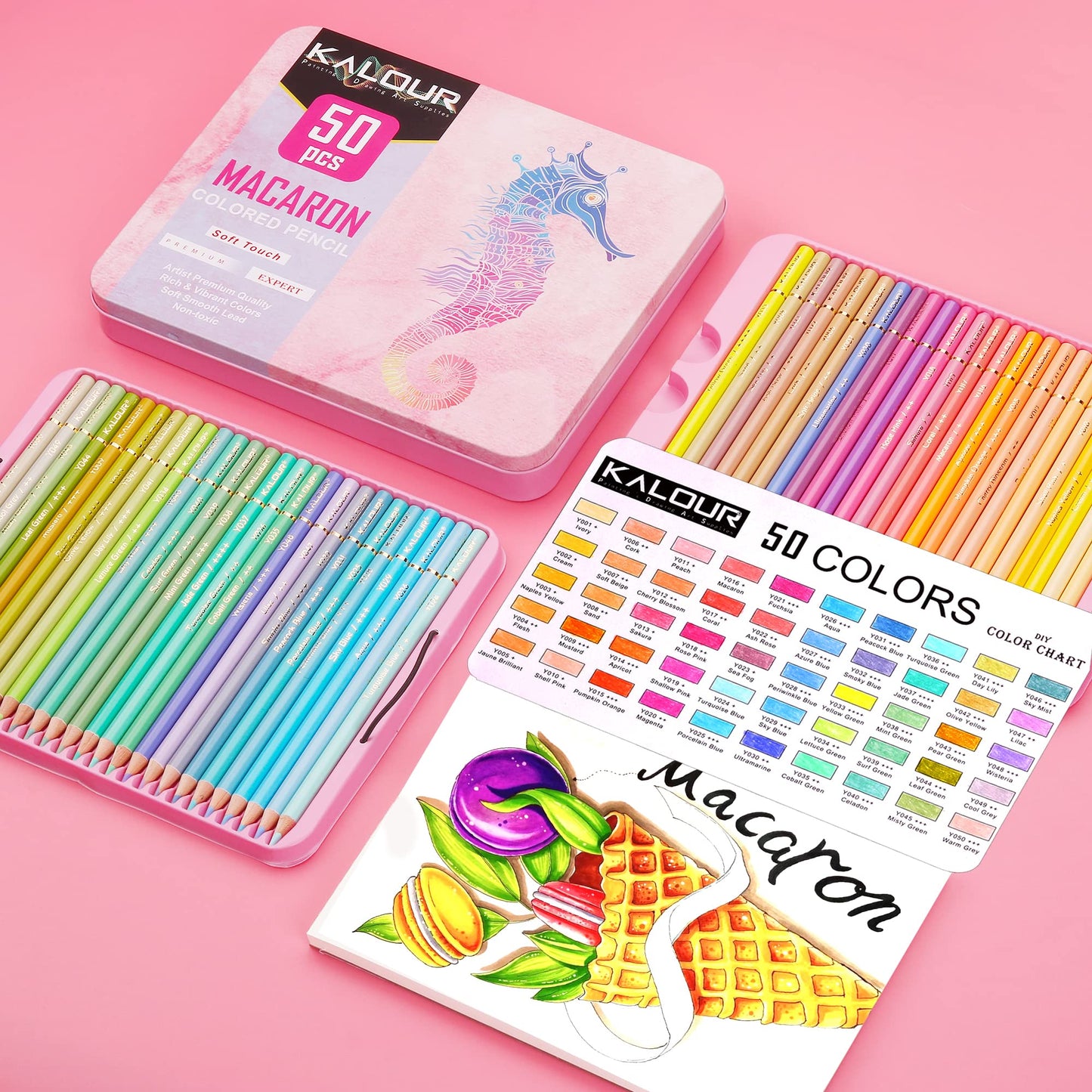 KALOUR - Lápices de colores pastel macarón, juego de 50 colores, núcleo suave para artistas, ideal para dibujar bocetos, sombra, lápices para colorear para adultos y niños principiantes