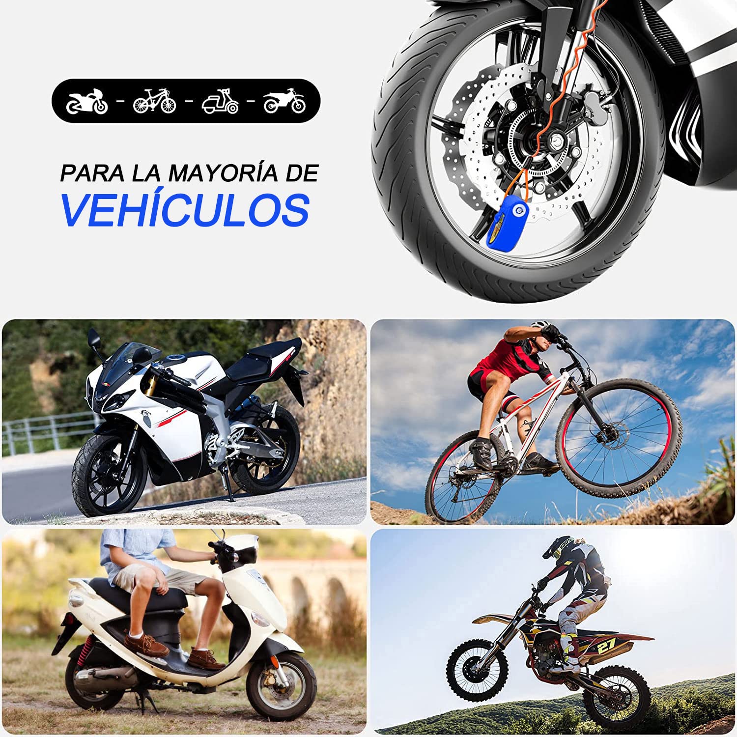Cerradura de alarma de la motocicleta Alarma de disco de freno de la motocicleta Alarma de seguridad antirrobo a prueba de agua 110 decibelios de sonido de alarma con 4,3 pies de cable de alarma Adecuado para scooters Motocicletas azul