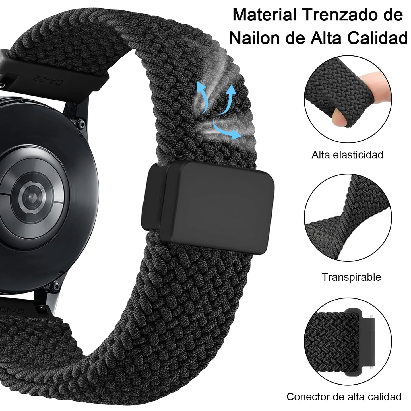 Correa Trenzada Magnética Compatible con Samsung Galaxy Watch 7/FE/6/5/4 de 40mm 44mm, Galaxy Watch Active 2, Gear Sport, Galaxy Watch 6 4 Classic, Correa Elástica de Nailon de 20mm