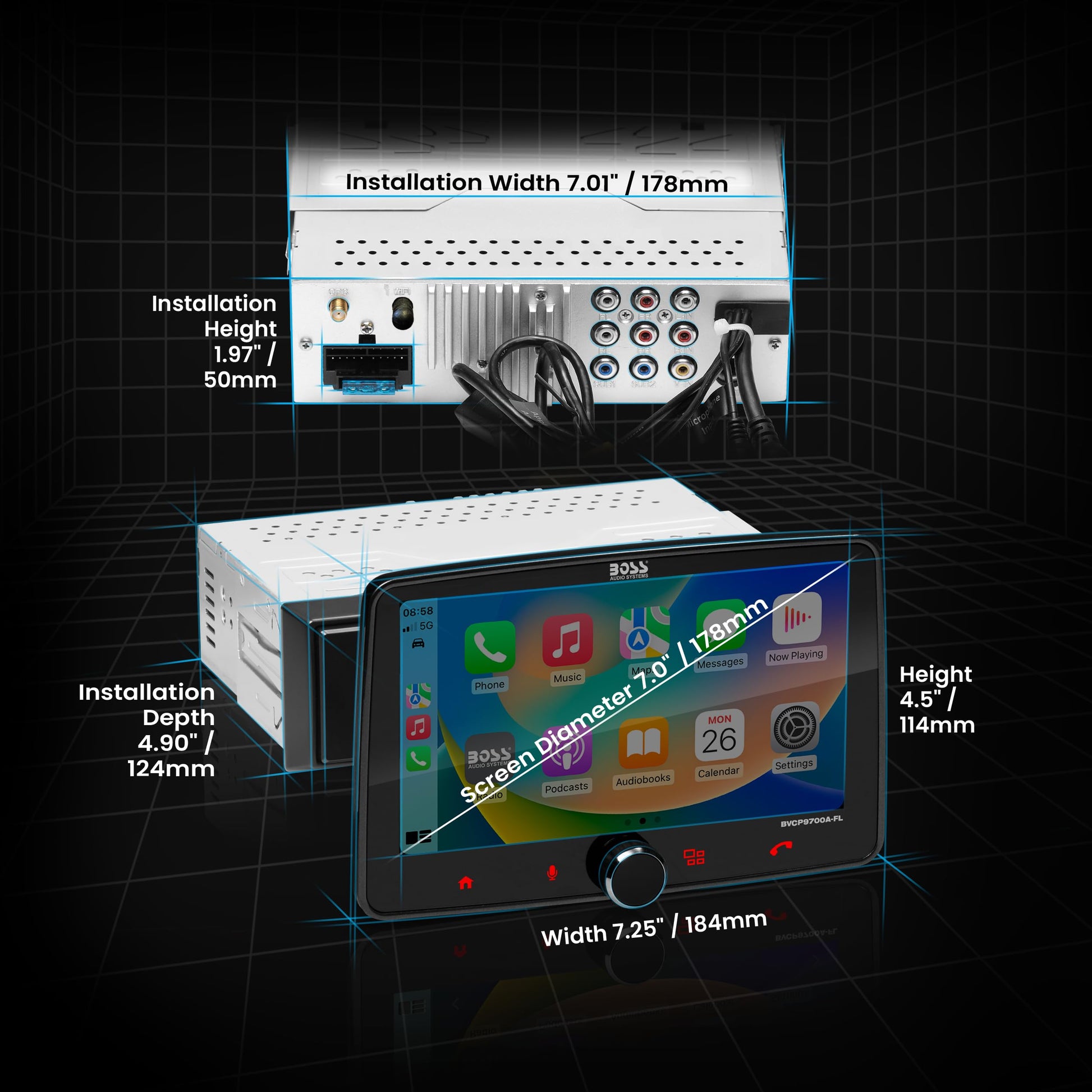 Boss Audio Systems Sistema estéreo de Audio para automóvil BVCP9700A-FL: Apple CarPlay, Android Auto, DIN único de 7 Pulgadas, Pantalla táctil capacitiva, Unidad Principal de Audio Llamadas Bluetooth