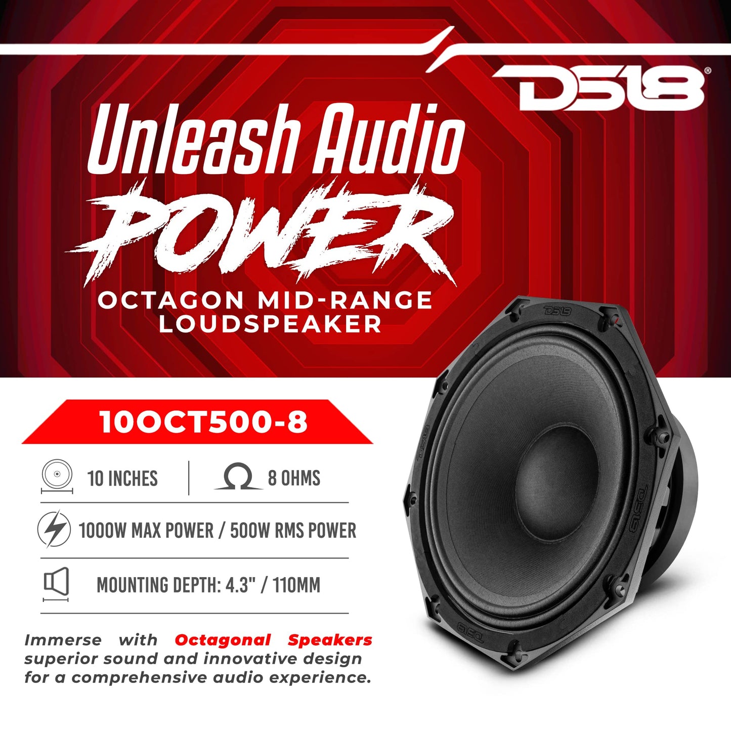DS18 10OCT500-8 Pro Altavoz octágono de Rango Medio de 10 Pulgadas, 1000 vatios máximo, 500 vatios RMS 8 ohmios, Audio de Calidad Premium para Sistema de Sonido estéreo de Coche o camión, 1 Altavoz