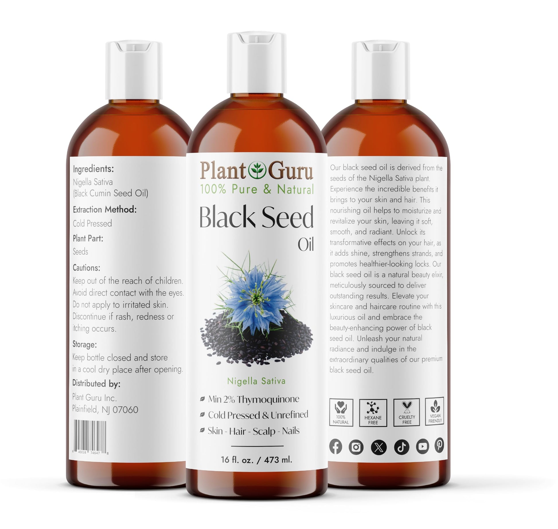 Black Seed Oil 16 oz. Virgin, Unrefined Cold Pressed Cumin 100% Pure Natural - Skin, Body and Hair. Great For Eczema