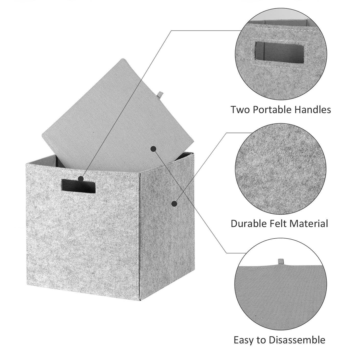 childishness ndup Felt Storage Cubes 12" x 12", 3 Packs, Collapsible Storage Bins with Dual Handles, Organizer Baskets for Home Bedroom, Nursery Closet Organizers (Light Grey)