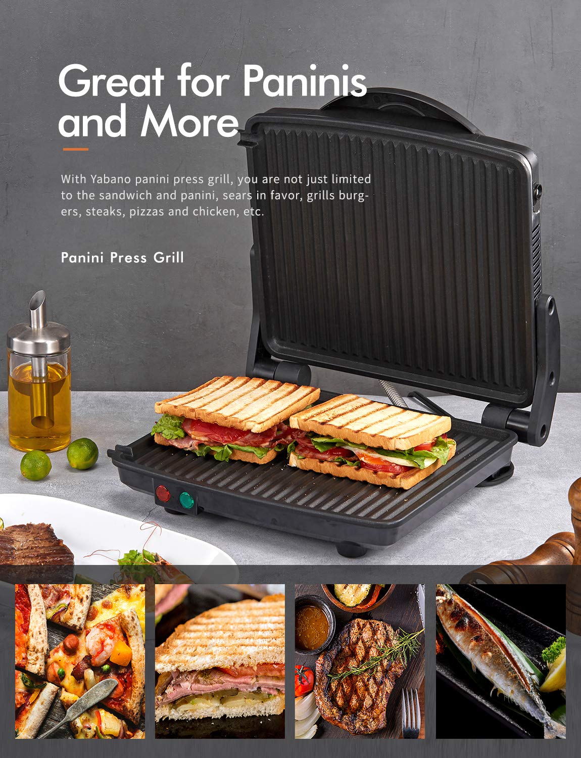 Sandwichera Eléctrica Yabano Negro Acero Inoxidable Placas Antiadherentes 180 Grados