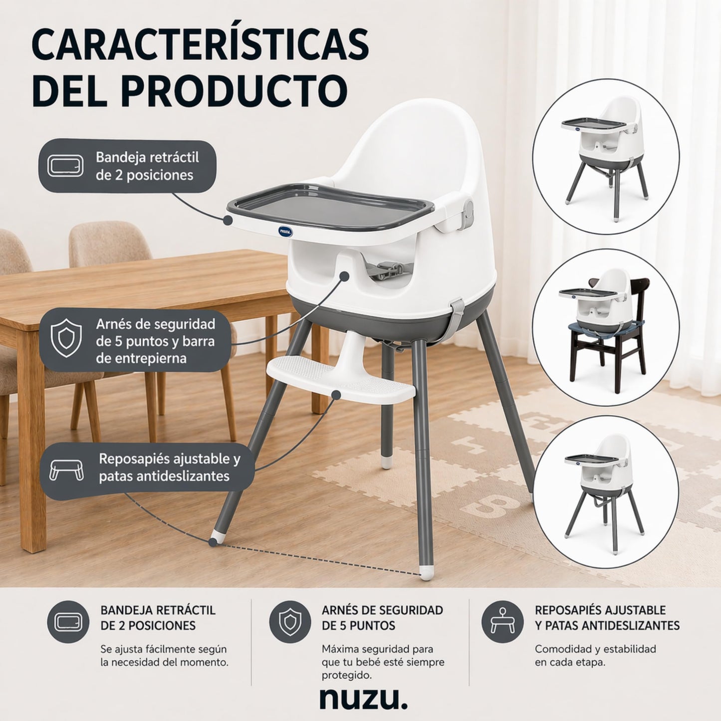 NUZU Periquera para Bebe 3 en 1 | Silla para Bebe Comer Multifuncional con Seguridad y Estilo | Versatilidad en Espacios Reducidos | Asiento Elevador Ajustable para Bebes 6 meses a 4 Años.(Gris)