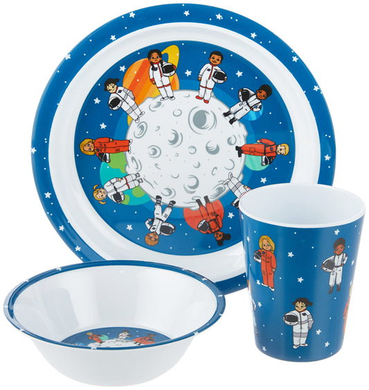Colorfull Plates Juego de vajilla para niños, astronauta y temática espacial (plato de comida, cuenco y taza) regalo para niños y bebés