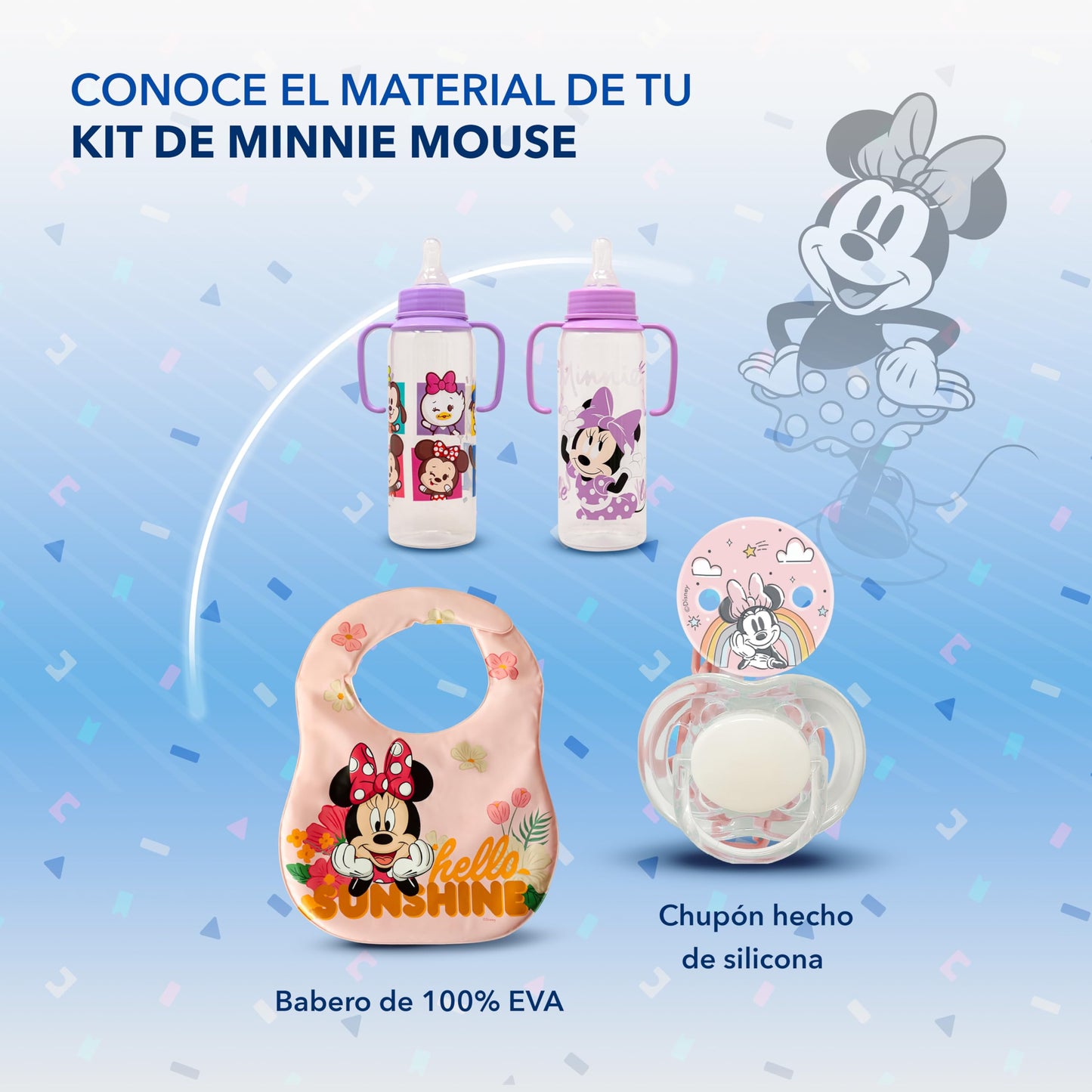 GAIRET Kit de Minnie Mouse para Bebé Niña: Incluye 2 Biberones de 9 oz con Asas y Sellado Antiderrames, 1 Babero Impermeable y 1 Chupón de Silicona con Sujetador de Ropa, Oficial Disney, 4 Piezas