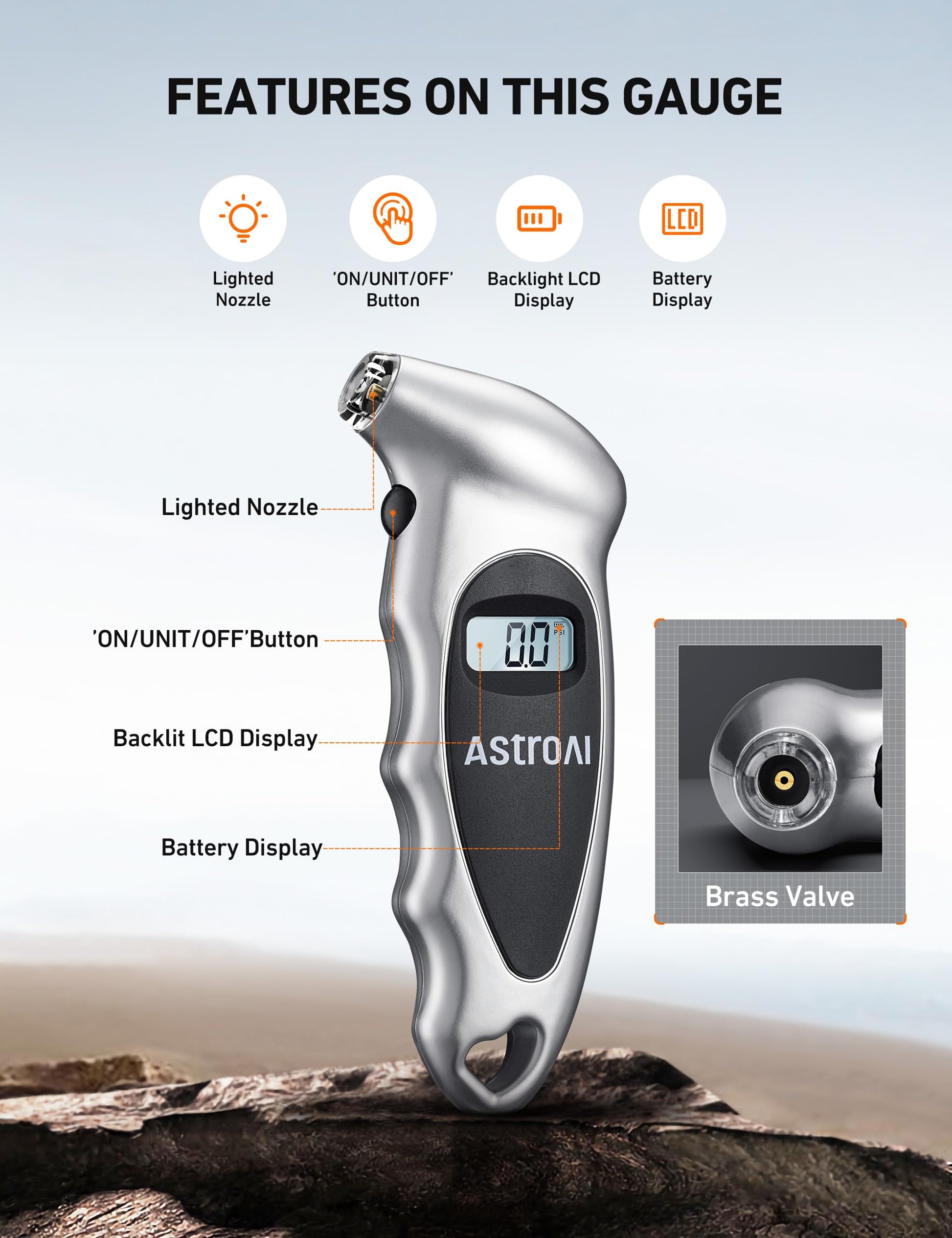 AstroAI - Medidor de presión digital de neumáticos con batería AAA reemplazable, 150 PSI, 4 ajustes de relleno para coche, camión, bicicleta, retroiluminada, LCD, antideslizante, accesorios de coche,