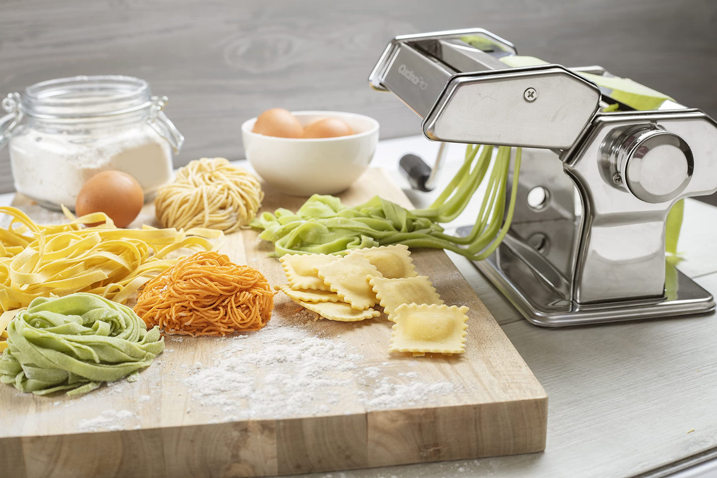 CucinaPro - Juego de accesorios para hacer pasta, 5 accesorios diferentes (espaguetis, pelo de ángel, rodillos fettuccini, cortador raviolis 2 y 3 piezas), acero chapado en cromo