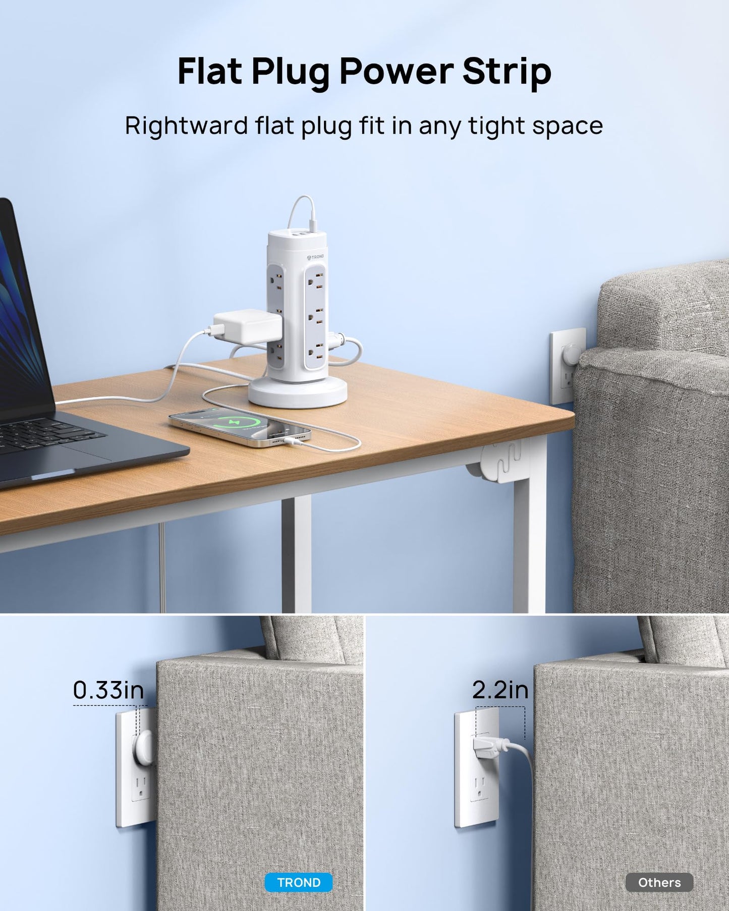 TROND Torre de Regleta Retráctil, Cable de Extensión con Enchufe Plano de 5 pies y Múltiples Tomas, Protector contra Sobretensiones con Puertos USB C PD 20W, 1700J, Suministros para Oficina en Casa