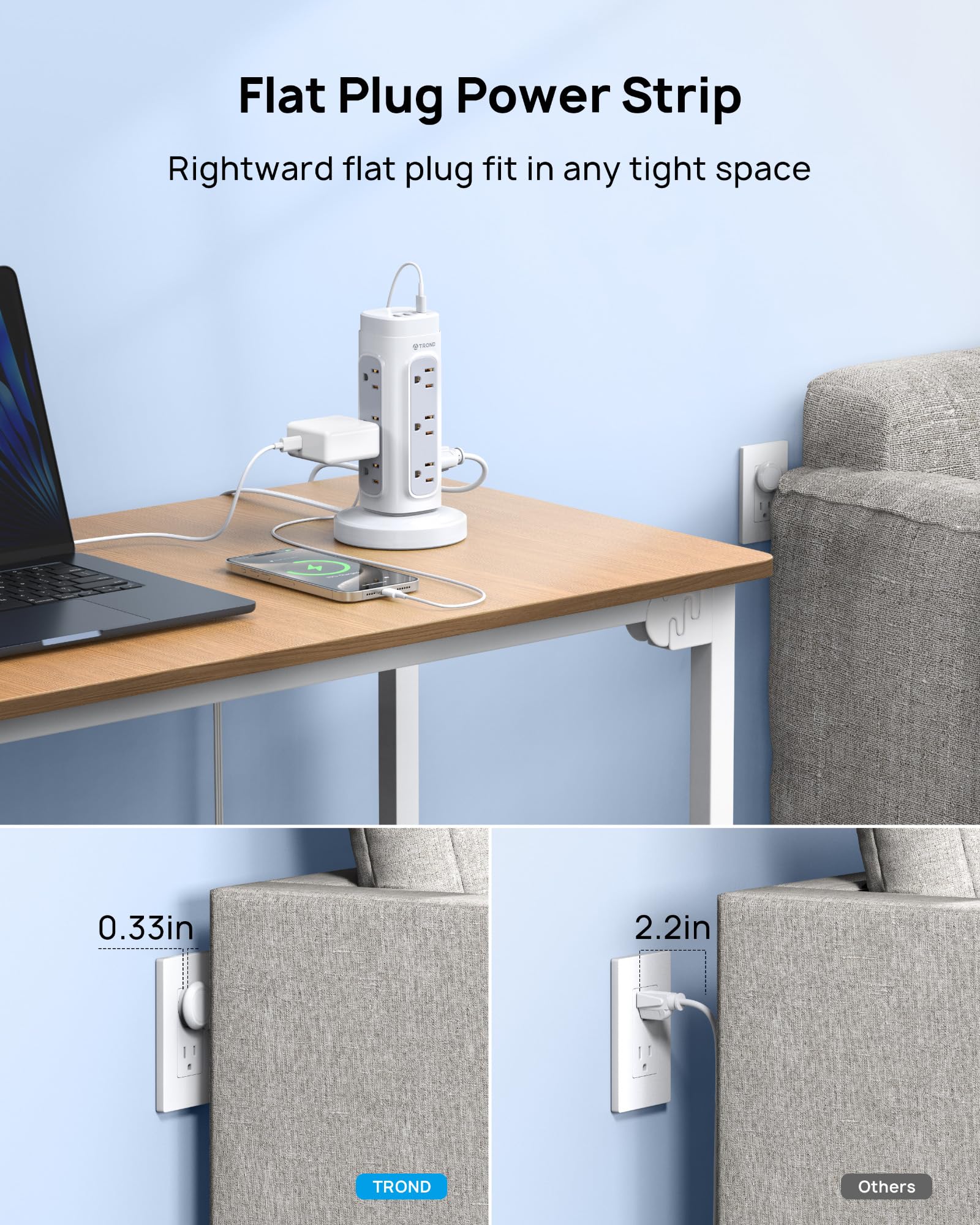 TROND Torre de Regleta Retráctil, Cable de Extensión con Enchufe Plano de 5 pies y Múltiples Tomas, Protector contra Sobretensiones con Puertos USB C PD 20W, 1700J, Suministros para Oficina en Casa