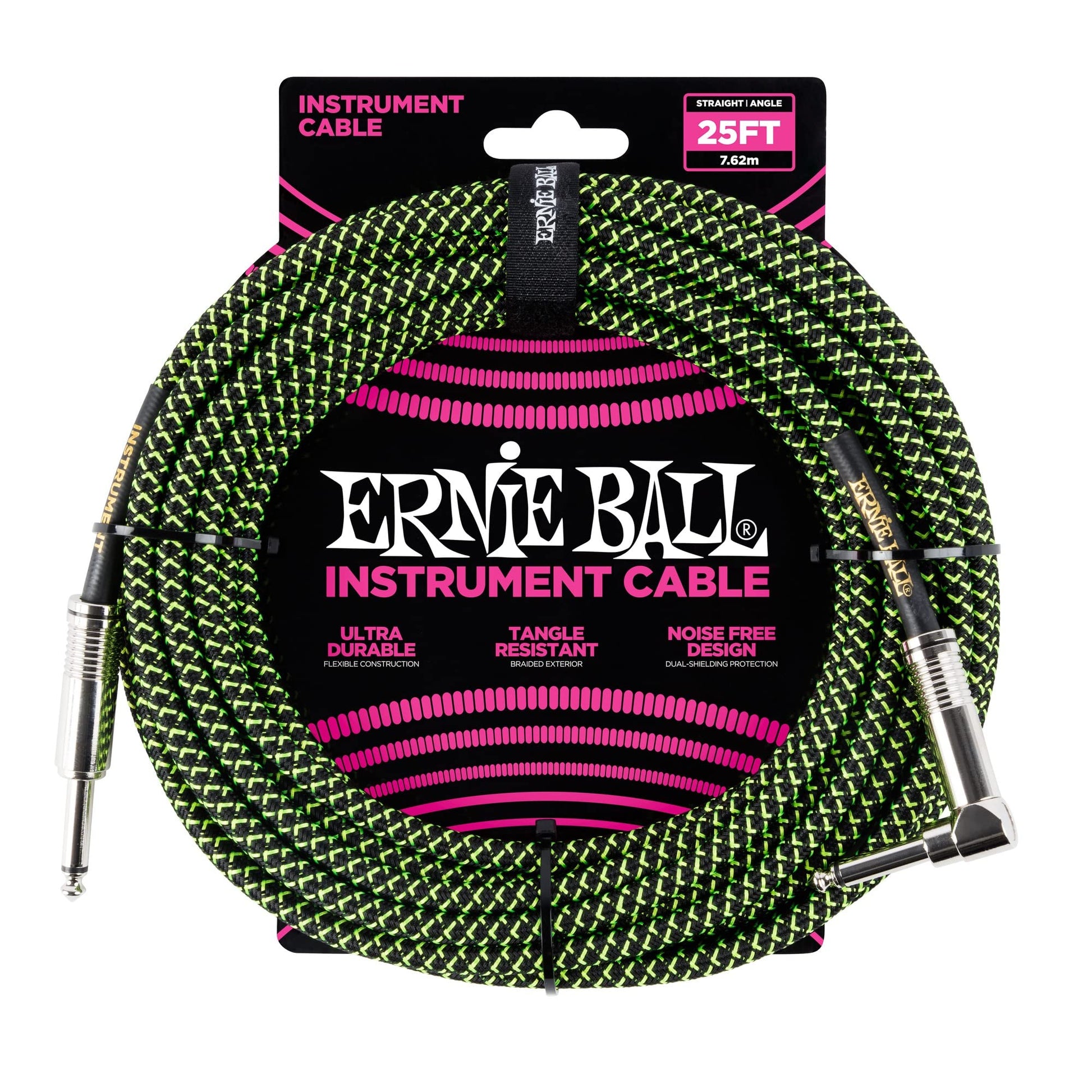 Cable Trenzado para Instrumentos Ernie Ball Negro y Verde 7,6 m