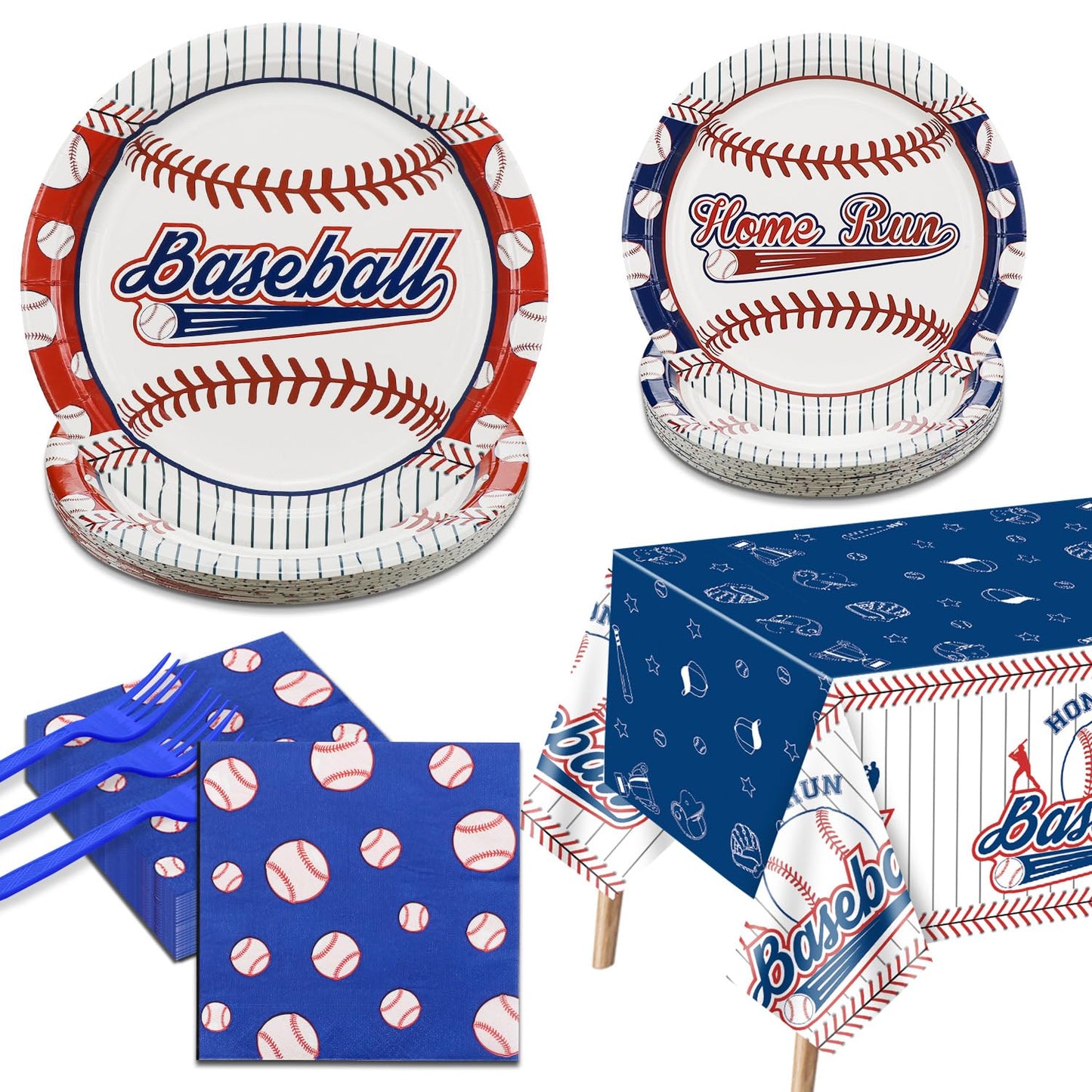 Decoraciones para fiestas de béisbol, 81 juegos de platos y servilletas de béisbol, mantel, tenedores azules para fanáticos de los deportes, suministros para fiestas de cumpleaños para niños y