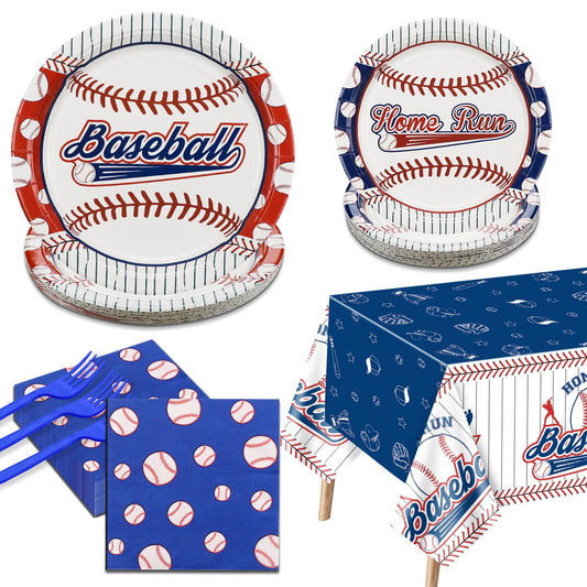 Decoraciones para fiestas de béisbol, 81 juegos de platos y servilletas de béisbol, mantel, tenedores azules para fanáticos de los deportes, suministros para fiestas de cumpleaños para niños y