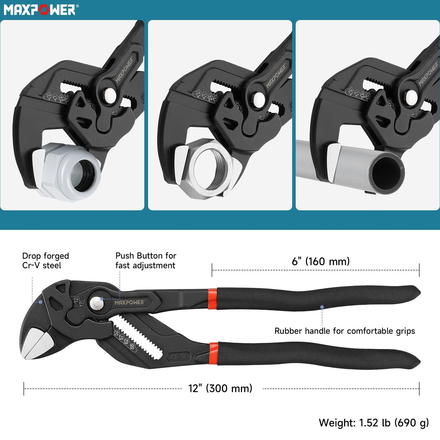 MAXPOWER - Llave de alicates de 12 pulgadas, apertura máxima de mandíbula de 2.7 pulgadas