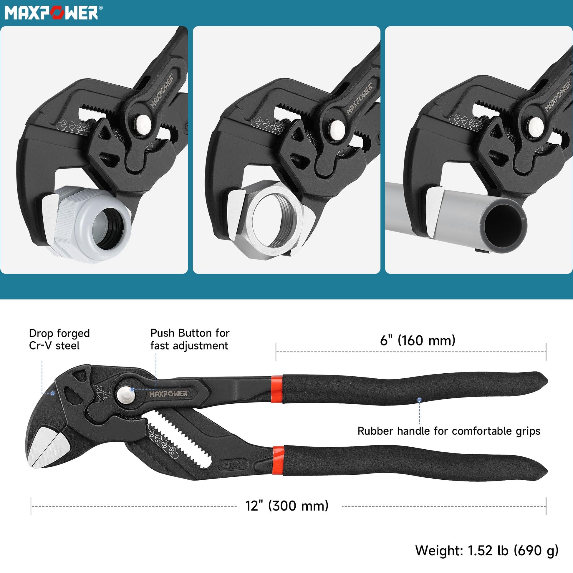MAXPOWER - Llave de alicates de 12 pulgadas, apertura máxima de mandíbula de 2.7 pulgadas