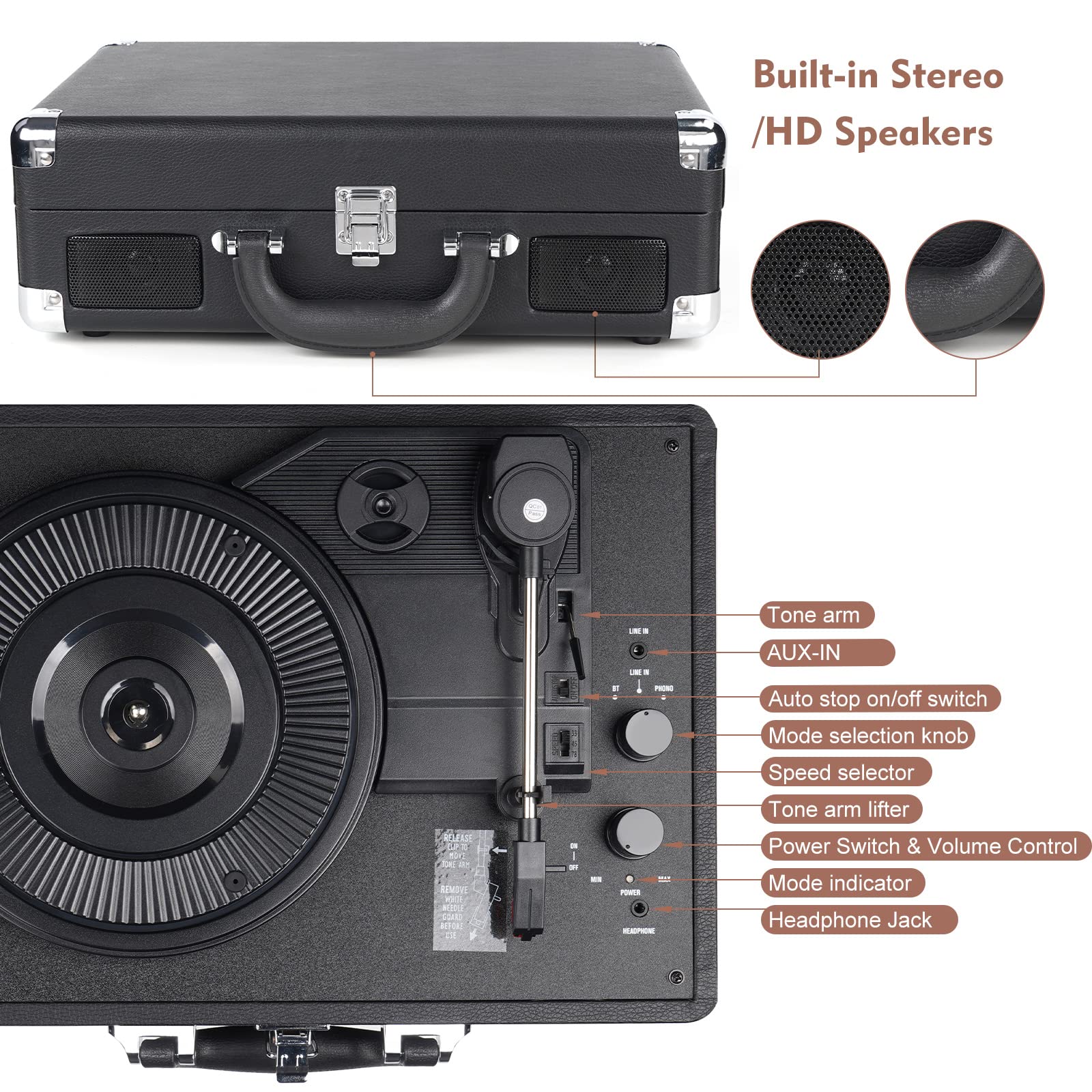 DIGITNOW Reproductor de grabación de tocadiscos de 3 velocidades con altavoces estéreo integrados, soporta salida USB/RCA, conector para auriculares, MP3/teléfonos móviles, reproducción de música, diseño de maleta (negro)