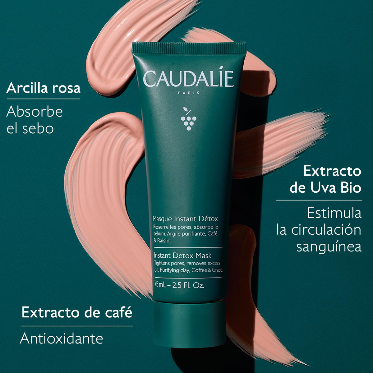 CAUDALIE Instant Detox Mascarilla de Arcilla Rosa, Limpia Poros - 75 mL