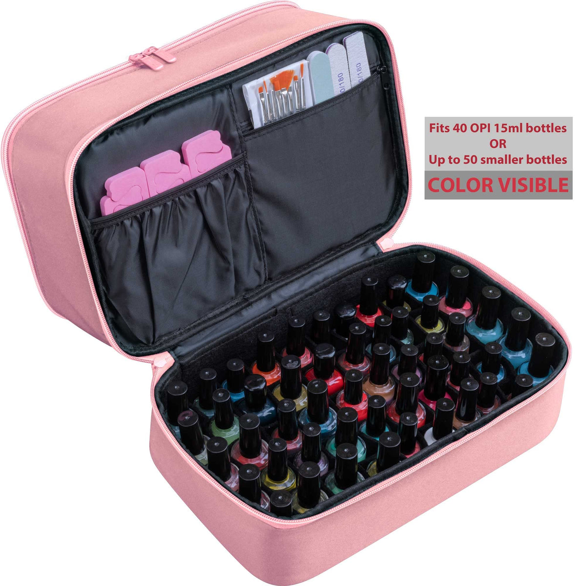 ButterFox - Estuche organizador de esmalte de uñas grande, se adapta a secador de lámpara de uñas y 40 – 50 botellas, kits de esmalte de uñas de gel, bolsa para suministros (rosa, M (40-50 ranuras)