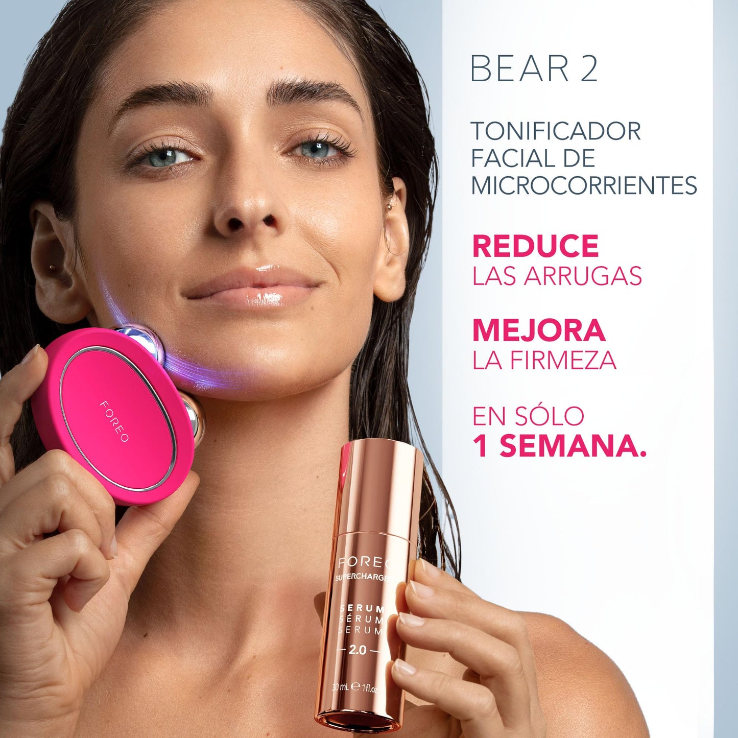 FOREO Set Total Facelift - BEAR Masajeador facial de microcorrientes - Radiofrecuencia facial + SÉRUM 2.0 30 ml + Crema hidratante triple acción HA+PGA 15 ml - Ácido hialurónico - Fuchsia