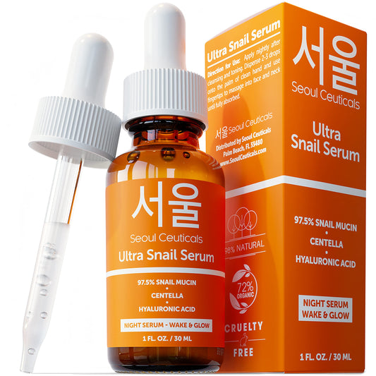 SeoulCeuticals Korean Skin Care Snail Mucin Serum - Korean Beauty Skincare Night Serum for Face - Contains Potent 97.5% K Beauty Snail + Hyaluronic Acid + Centella Asiatica Extremely Effective Anti Wrinkle Serum 1oz