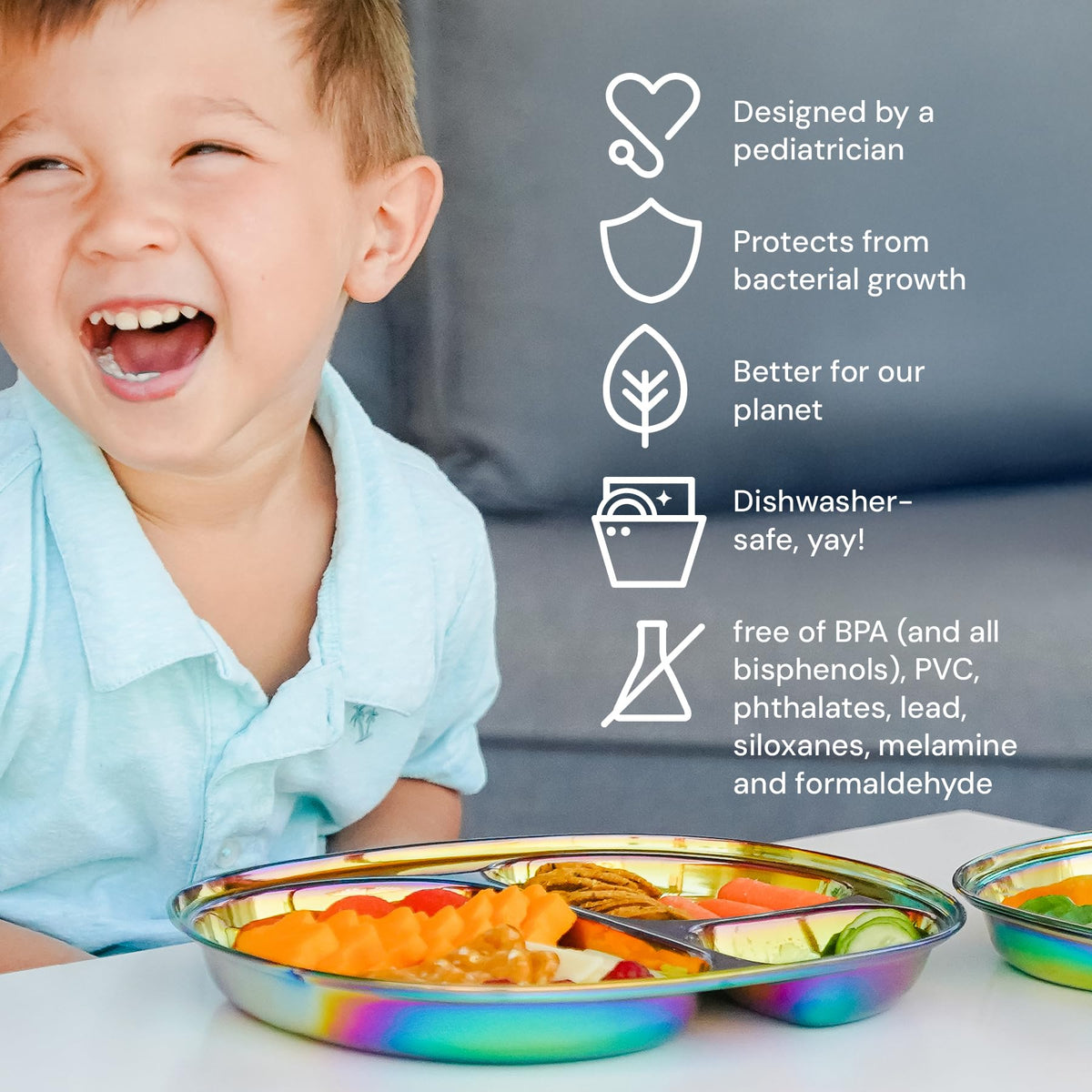 Ahimsa - Platos de acero inoxidable para niños, diseño pediatra, coloridos y divididos para niños pequeños y bebés, no tóxicos, irrompibles y aptos para lavaplatos, juego de 4 unidades