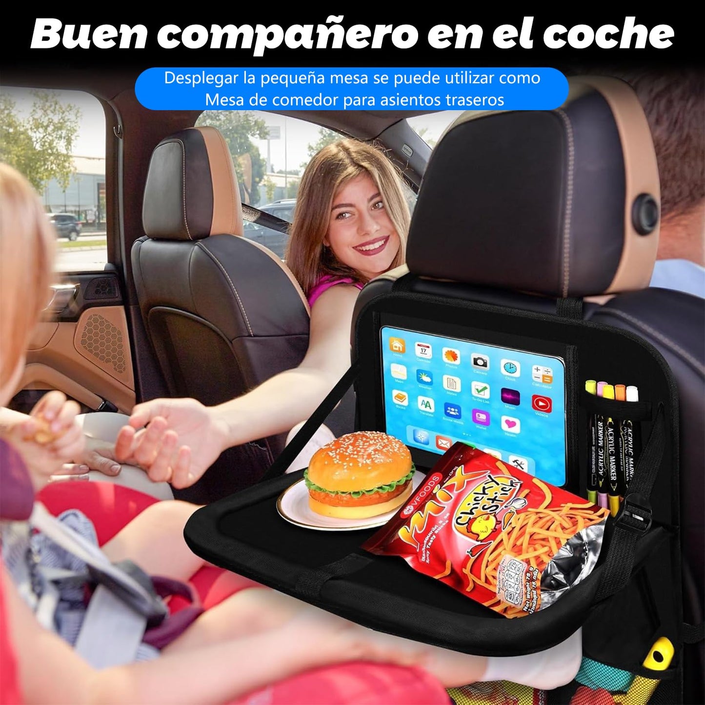 Organizador para Asiento Trasero de Auto con Bandeja, Bolsa de Almacenamiento y Protector de Asiento para Coche, Accesorio Esencial para Niños y Viajes Familiares en Carretera (Negro 1 pieza)