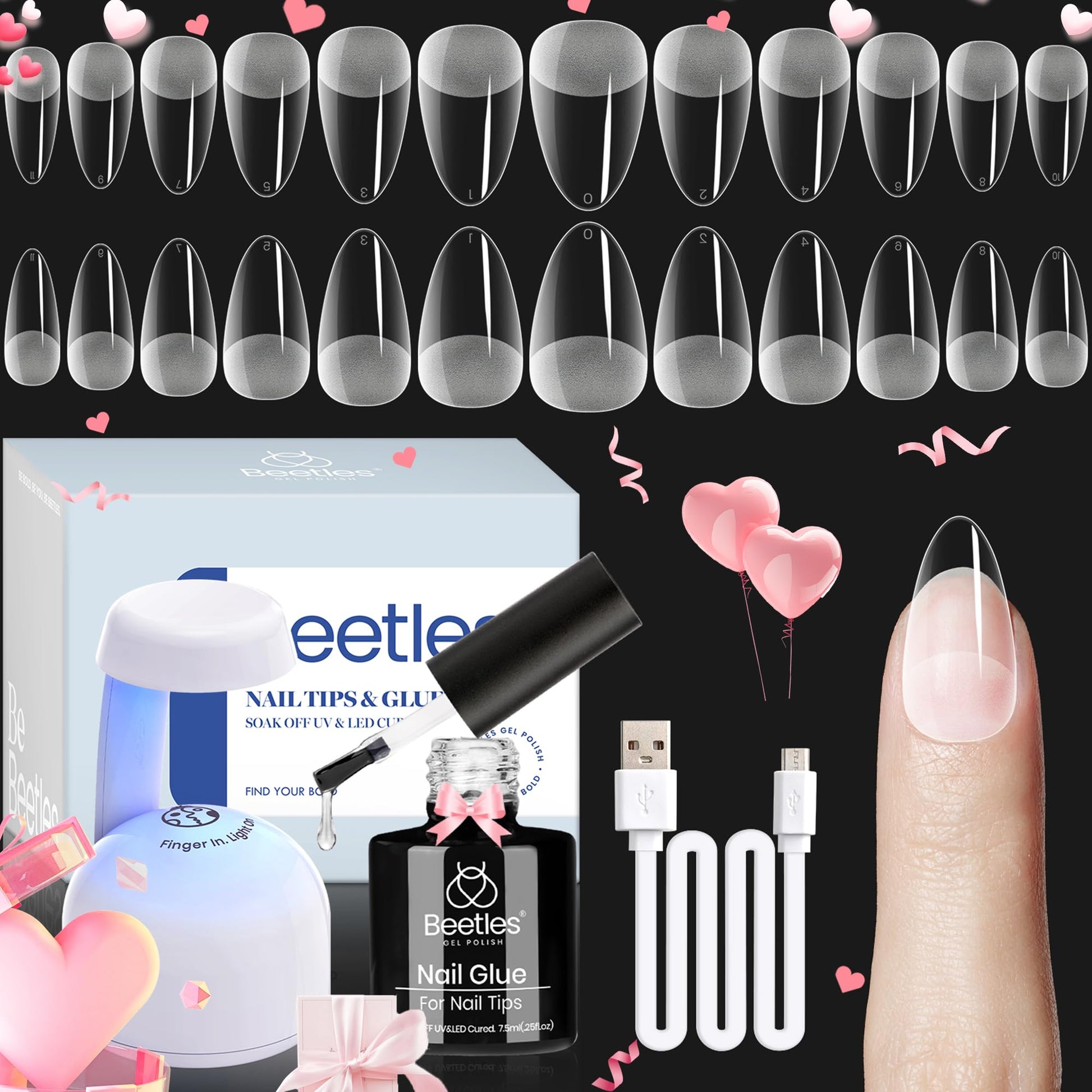 Kit de uñas de gel Beetles Almendra: 504 piezas Kit de uñas de gel Beetles Juego de extensiones de uñas fácil Etch X Puntas de uñas cortas, medianas, almendra, puntas de uñas medio mate Pegamento para uñas 5 en 1 Lámpara de uñas UV LED DIY