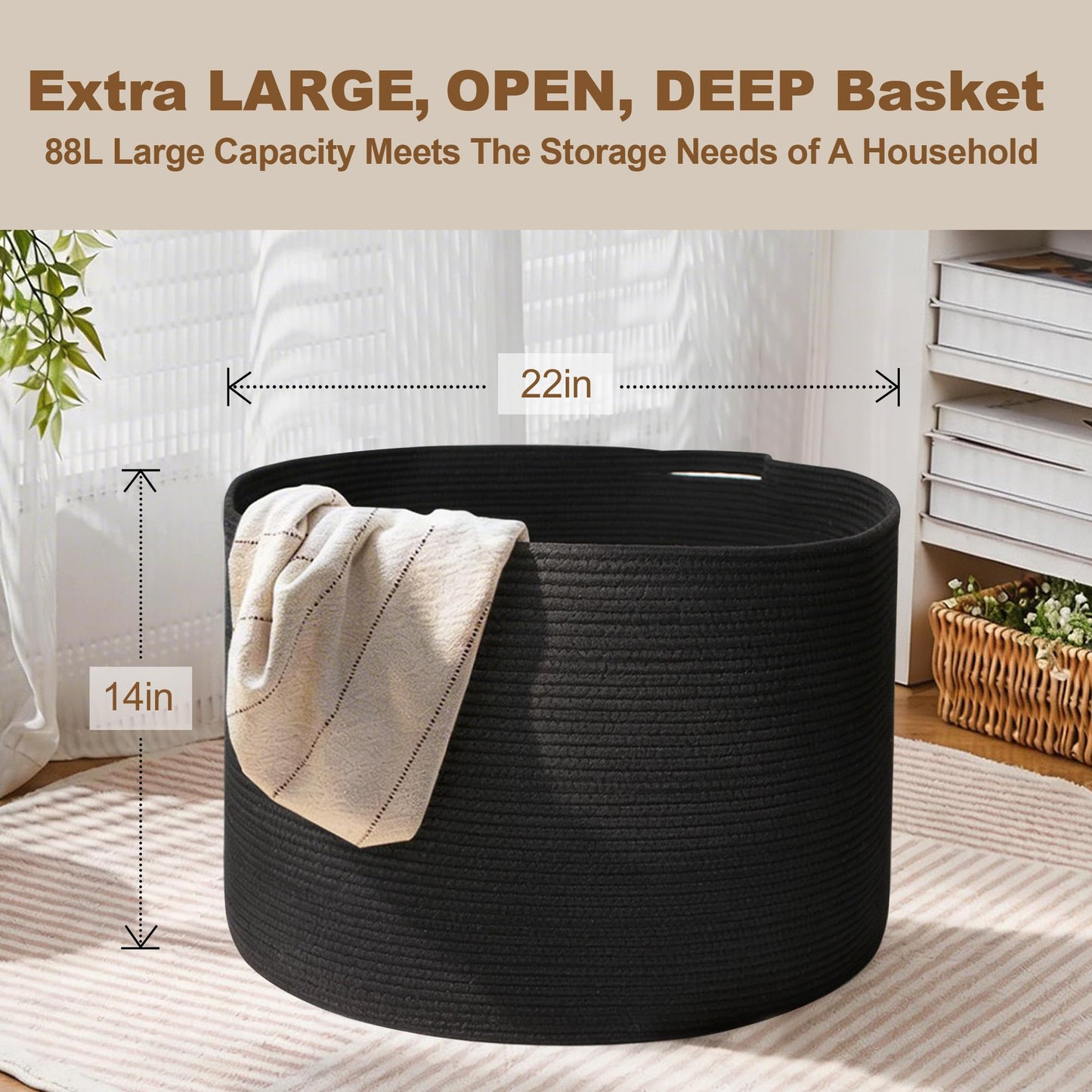 MEGASKET Cesta grande de manta negra, 55.88 x 55.88 x 35.56 cm, cestas de cuerda tejida para almacenamiento, cestas de almacenamiento de juguetes para perros para niños, cestas organizadoras,