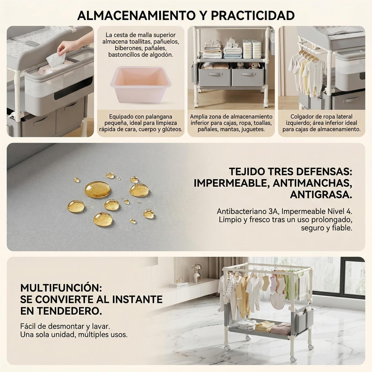 Mueble Cambiador para Bebe, Cambiador de Pañales para Bebe Plegable, Altura Regulable,con 2 Cajones,Ruedas y Cinturón de Seguridad, Cambiador para Bebe Impermeable para Recién Nacidos a Niños Pequeños