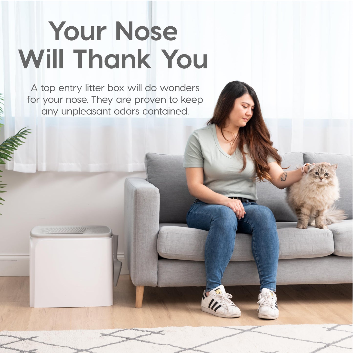 Caja de Arena para Gatos IRIS USA Blanco Gris de Alta Calidad con Entrada Superior y Control de Olores