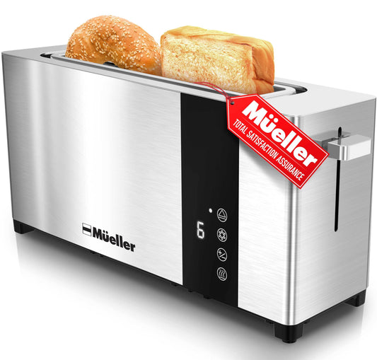 Mueller UltraToast - tostador completa de acero inoxidable, 2 rebanadas, ranuras largas extra anchas con bandeja extraíble, funciones de cancelación/descongelación/recalentamiento, 6 niveles de color