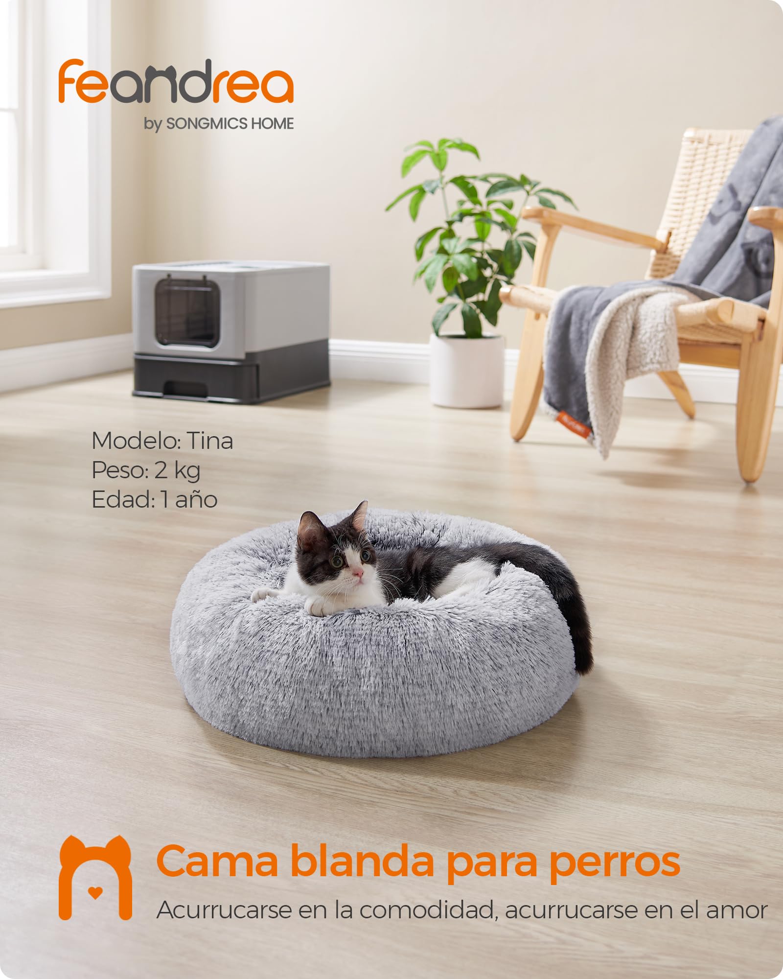 Feandrea Cama de Perros, Cama para Mascotas, Diámetro de 40 cm, Cojín Central Extraíble y Lavable, Alfombra de Felpa, Gris Ombré MPGW036G01