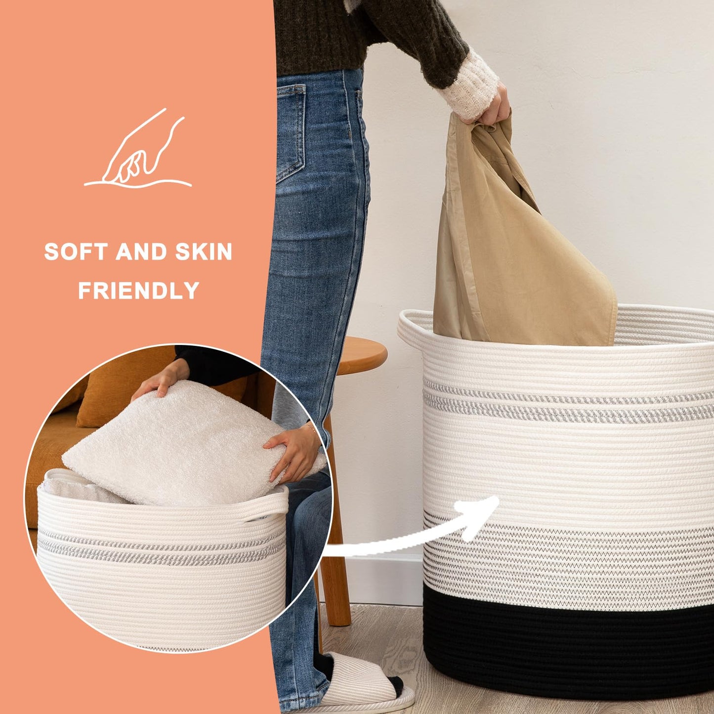 OIAHOMY - Cesta de lavandería de 80 litros, cesta de almacenamiento con asas, cesta decorativa para sala de estar, cesta de almacenamiento tejida para contenedores de juguetes, almohadas, mantas,