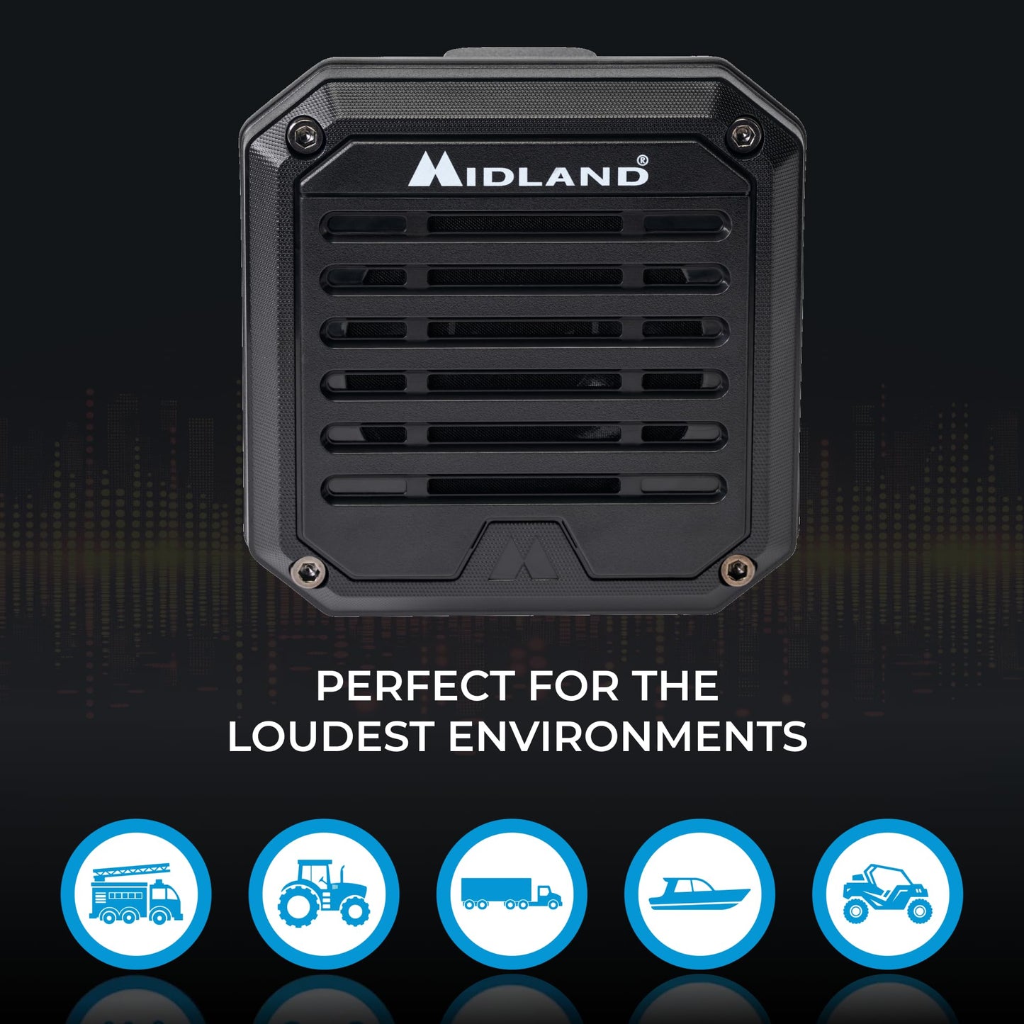 Midland - Altavoz externo amplificado de alta resistencia SPK200 de 20W - Cancelación de ruido AI de 180 grados, base giratoria para radios CB y MXT, sistema de sonido de 8 ohmios, conector de audio