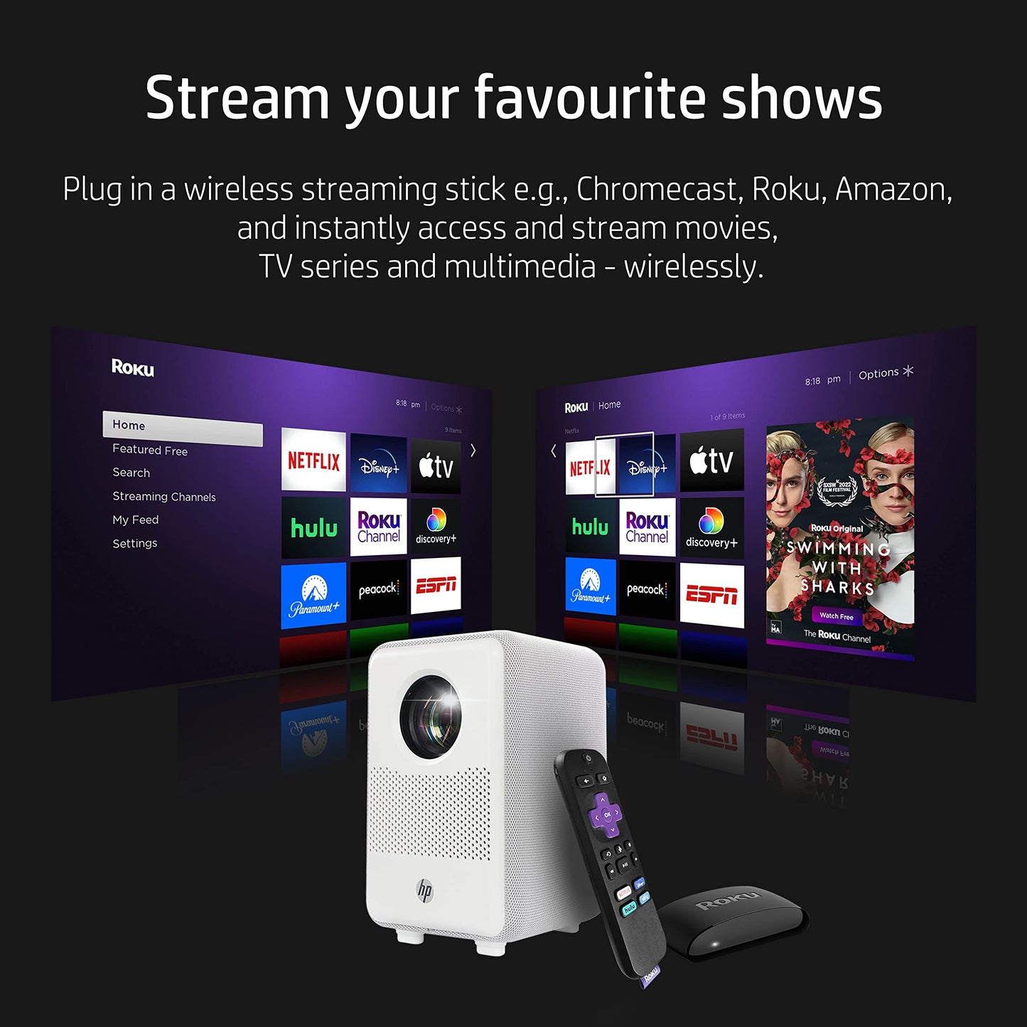 HP Citizen Cinema Projector | Portátil para hogar y oficina | Sistema de cine en casa FHD 1920 x 1080p | Visualización de 80 pulgadas, USB, HDMI y transmisión para Firestick