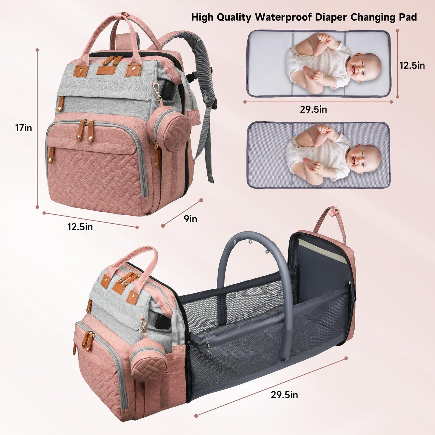 AHNTTGS - Bolsa para pañales con cambiador, Rosa-gris, Grande