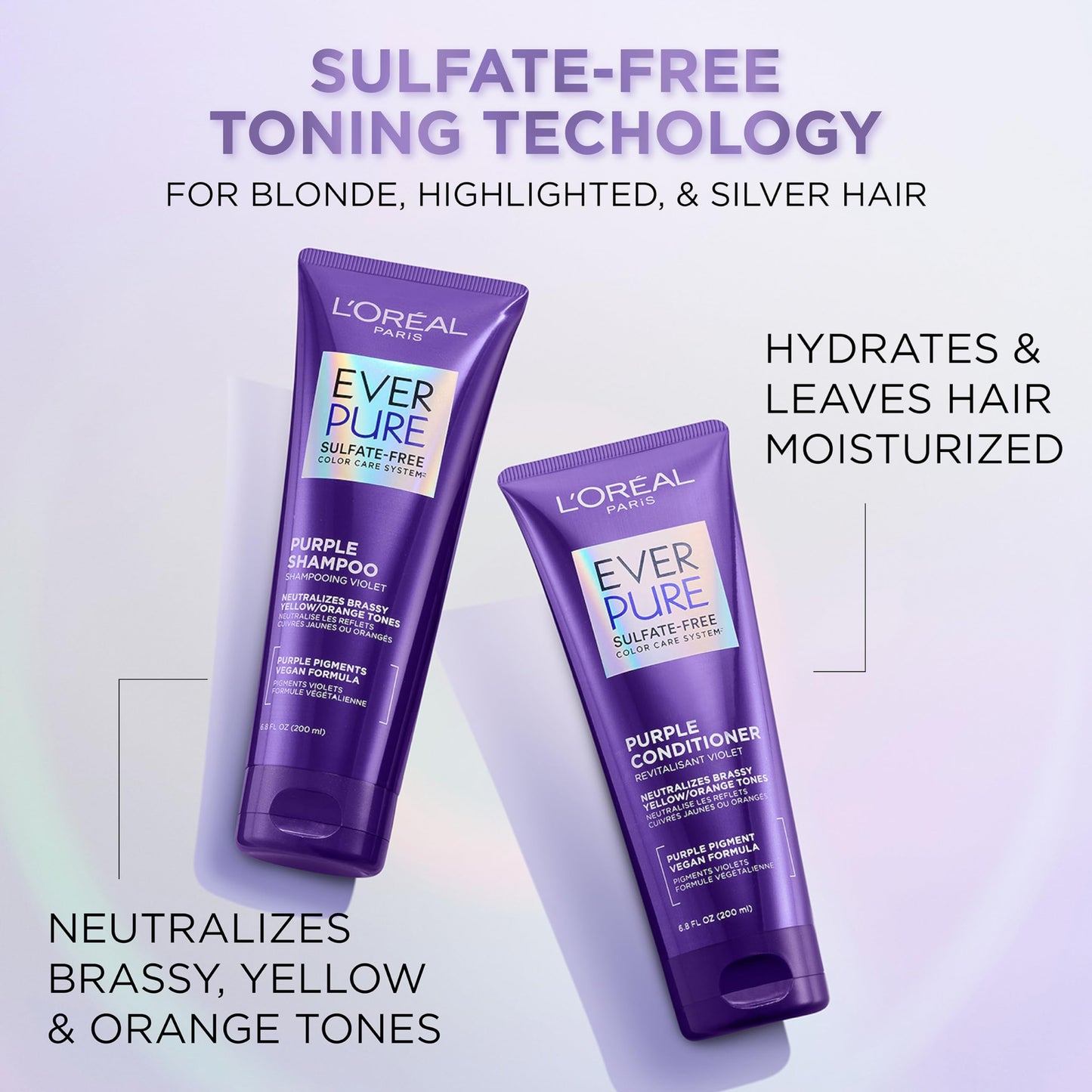 L’Oréal Paris Acondicionador con tecnología morada Ever Pure Purple, neutraliza y matiza los tonos amarillentos y naranjas del pelo, para todo tipo de pelo teñido sin Sulfatos, 200ml