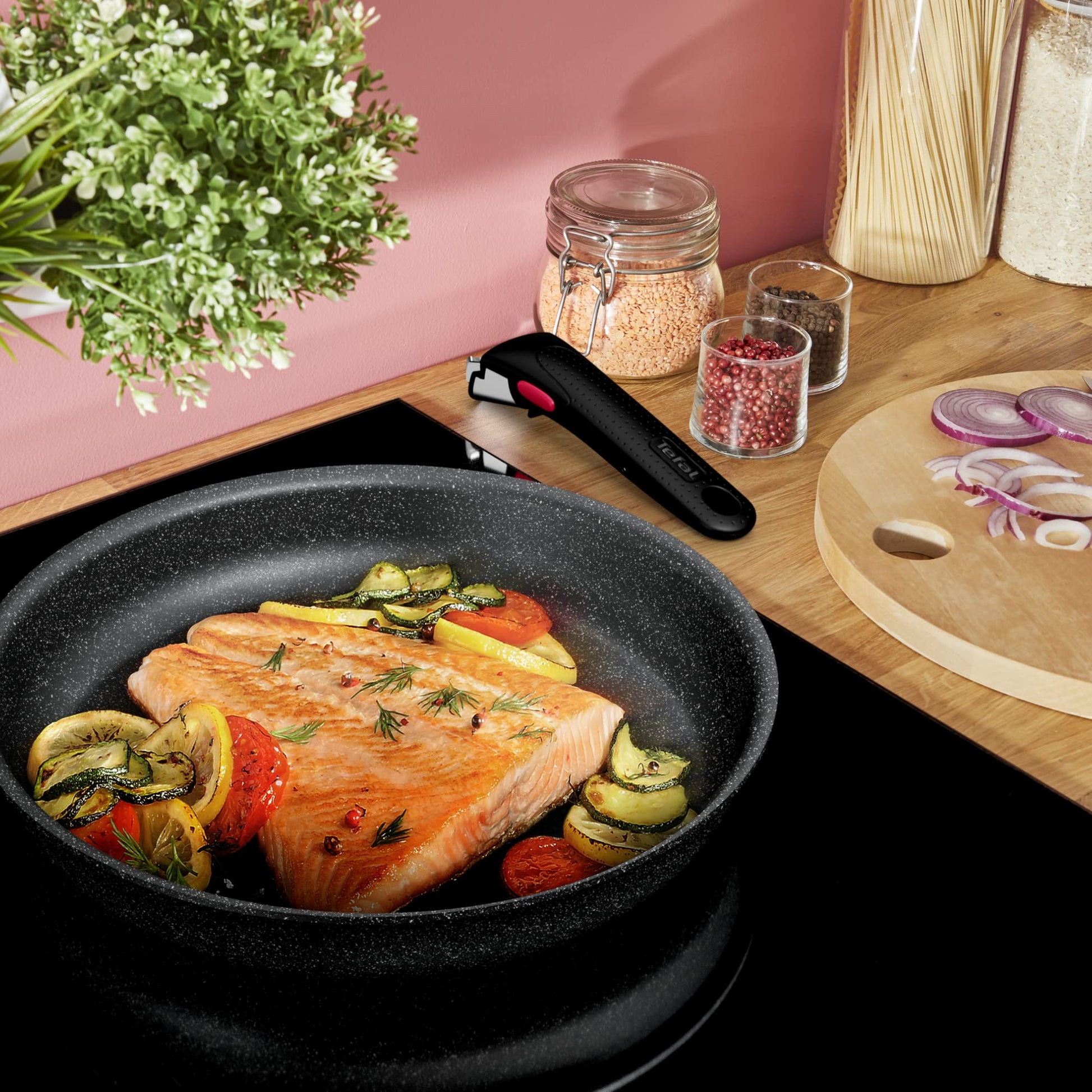 T-fal Ingenio Black Stone Batería de Cocina 8 piezas, Efecto Piedra con Mango Removible, Multifuncional, recubrimiento Mineralia+, Negro, L3999502