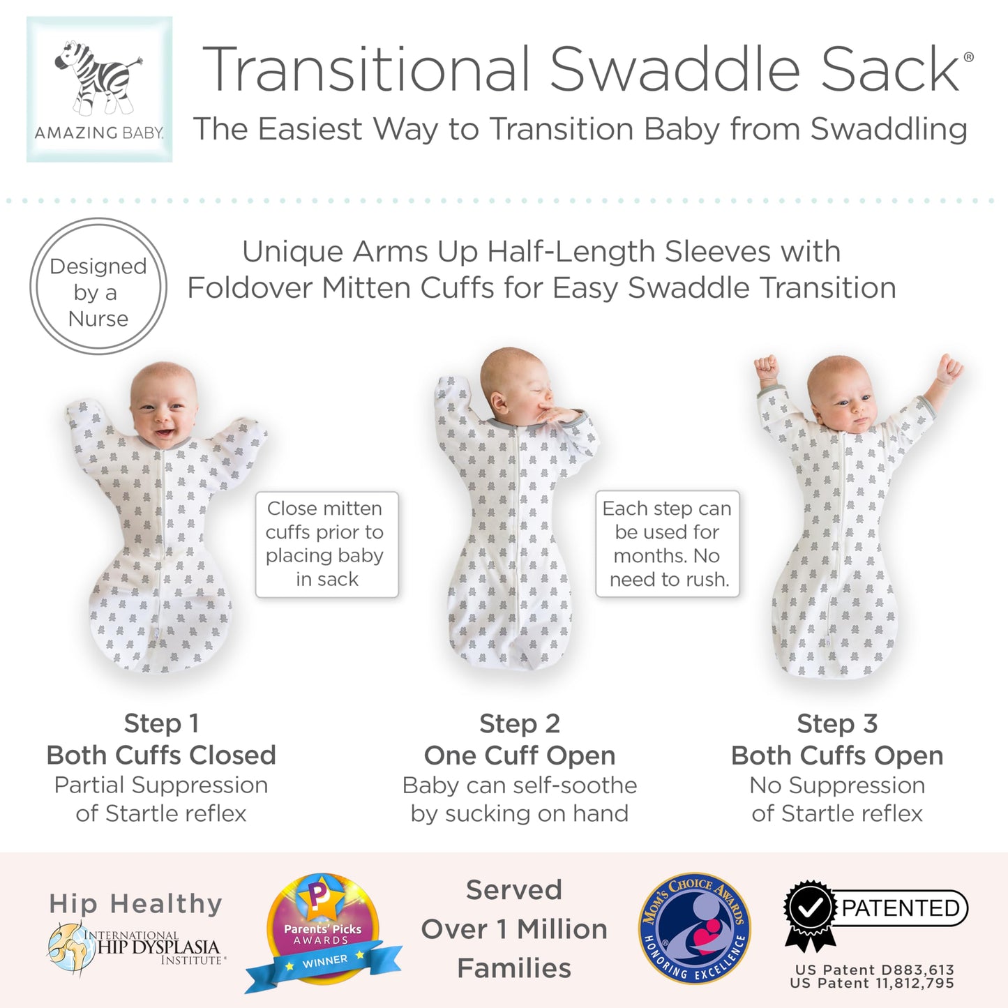 Amazing Baby Transitional Swaddle Sack with Arms Up Mitten Cuffs, Tiny Bear, Sterling, Small 0-3 Months