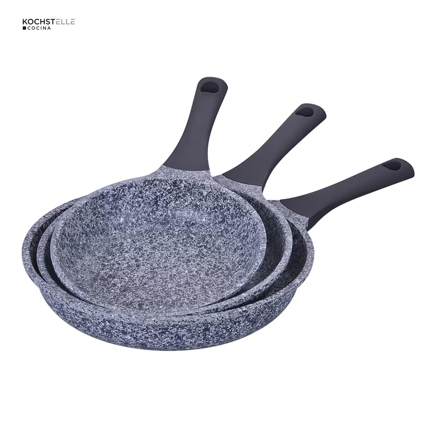 KOCHSTELLE - Set de 3 Sartenes Antiadherentes Marca Kochstelle, Aluminio Inoxidable con Revestimiento de Granito, 20, 24 y 28 cm - Sin Tóxicos, Mango de Silicona, Compatible con Inducción y Gas.