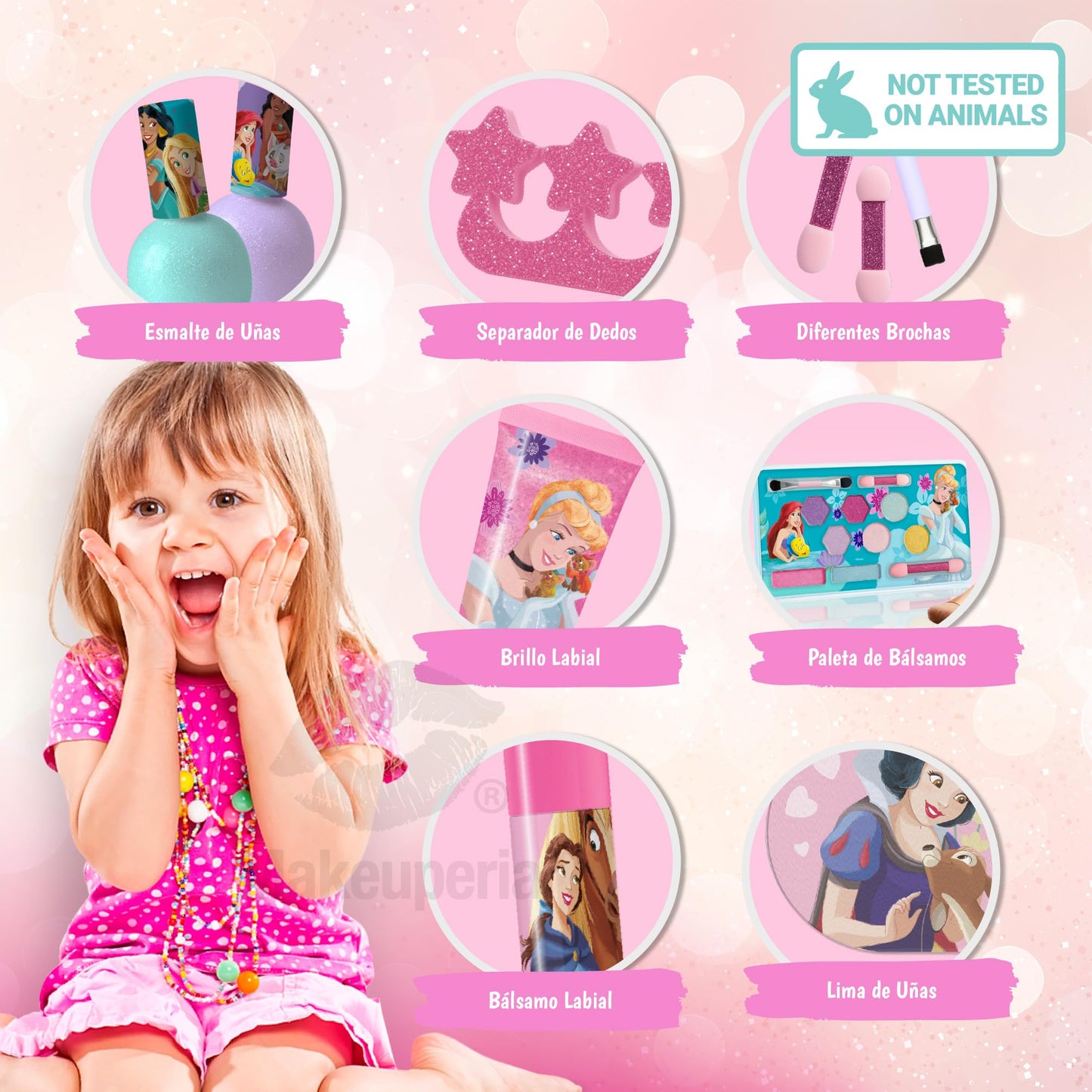 MAKEUPERIA Estuche de Maquillaje Infantil con Diseño Princesas, Maletín Metálico con Espejo, Sombras, Brillos, Esmaltes, Lima, Separadores, Pinceles y Bandeja, Maquillaje Lavable y Seguro para Niñas