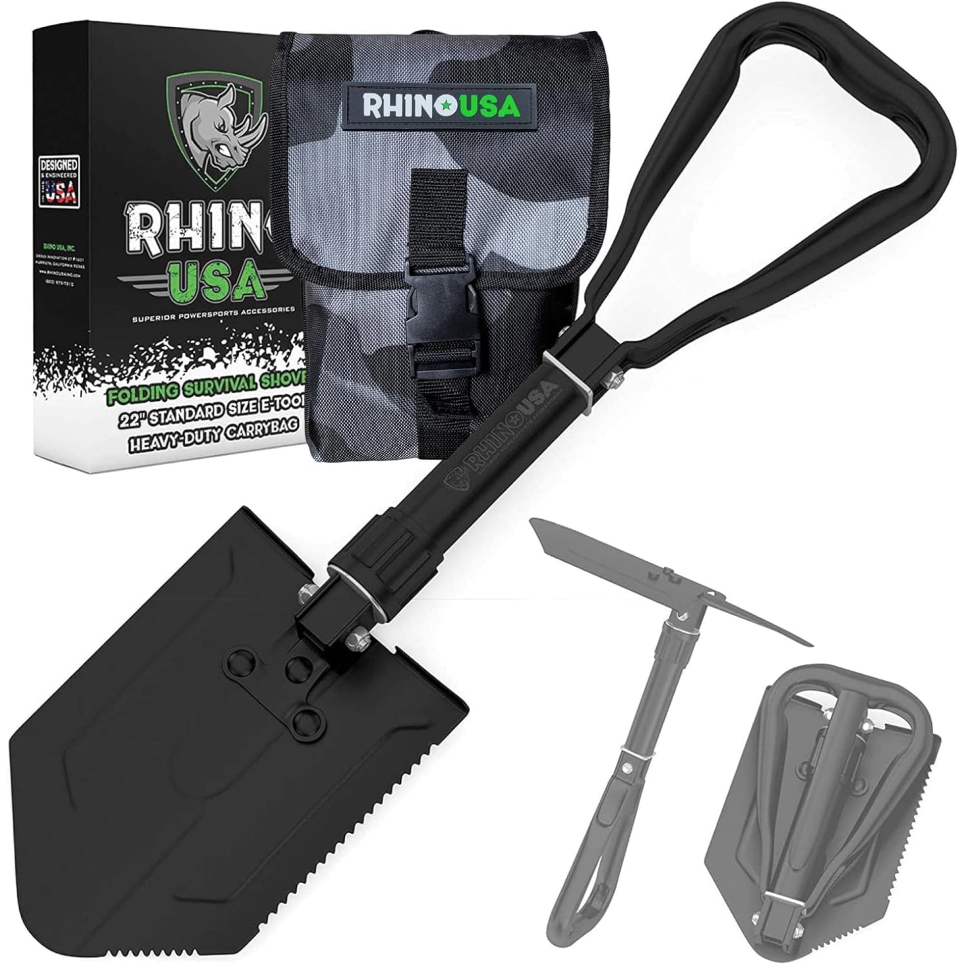 Pala Plegable Rhino USA Verde Militar Multiusos de Acero Carbono para Camping, Jardinería y Supervivencia