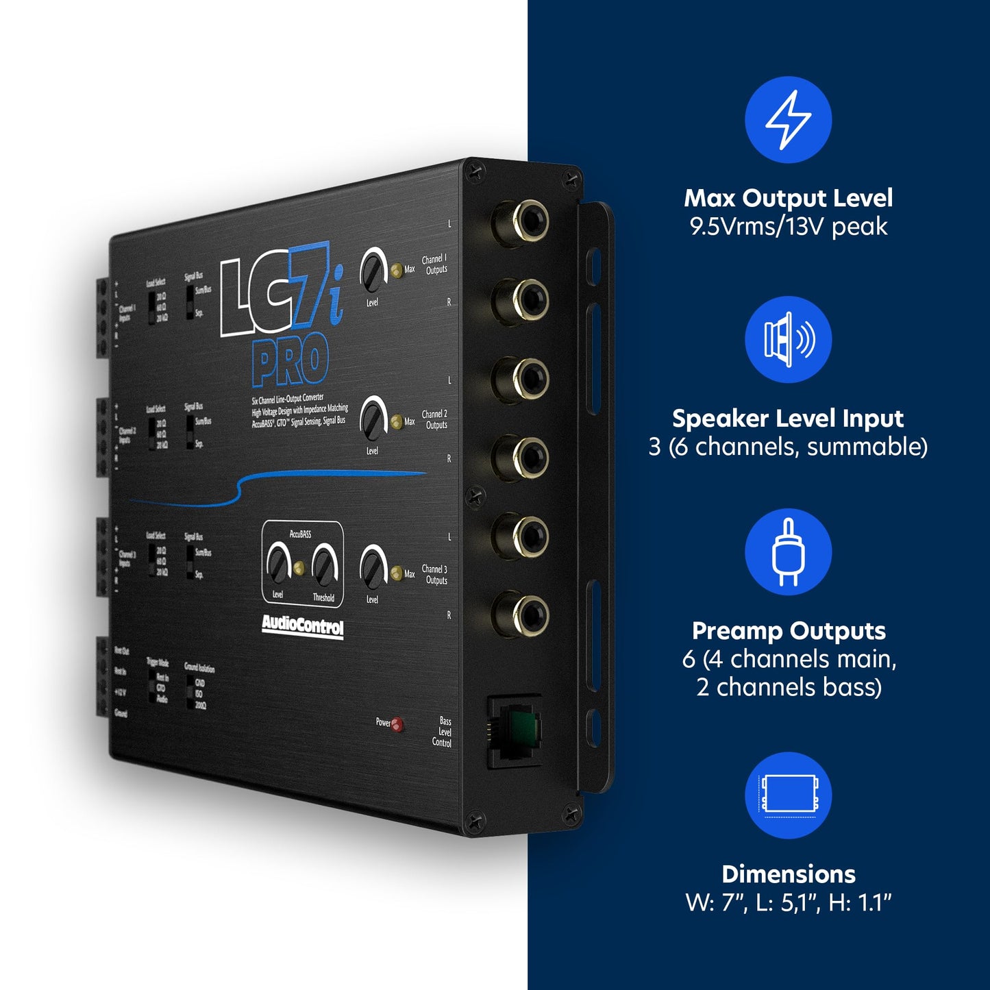 Convertidor de Línea de Seis Canales AudioControl LC7iPRO Negro con Accubass y Control Remoto ACR-1 Incluido