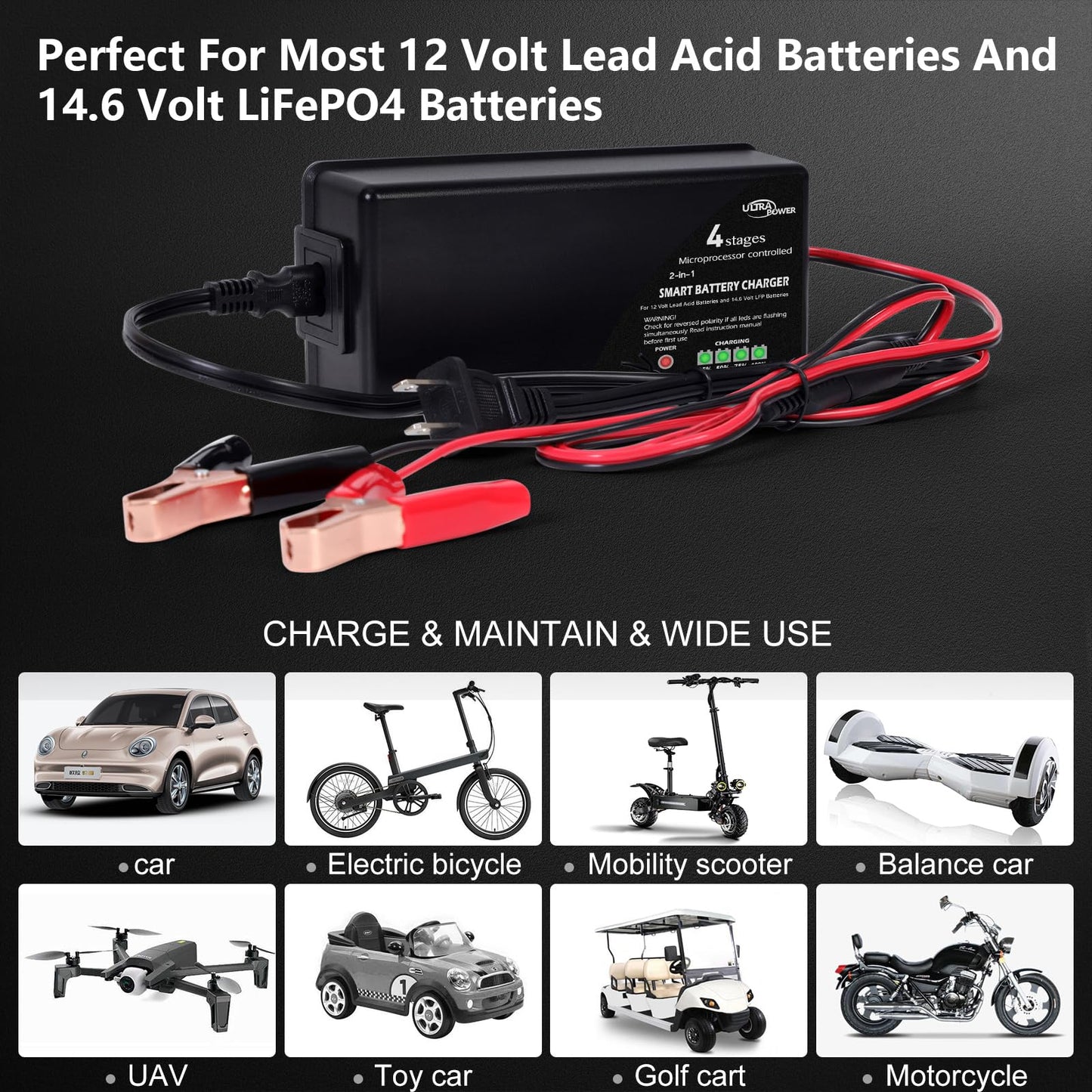 ULTRAPOWER - Cargador de batería mejorado de 10 amperios, LiFePO4 de litio de 14.6 voltios y SLA GEL de 12 voltios, cargador de batería para coche, carrito de golf, UAV, baterías de energía al aire