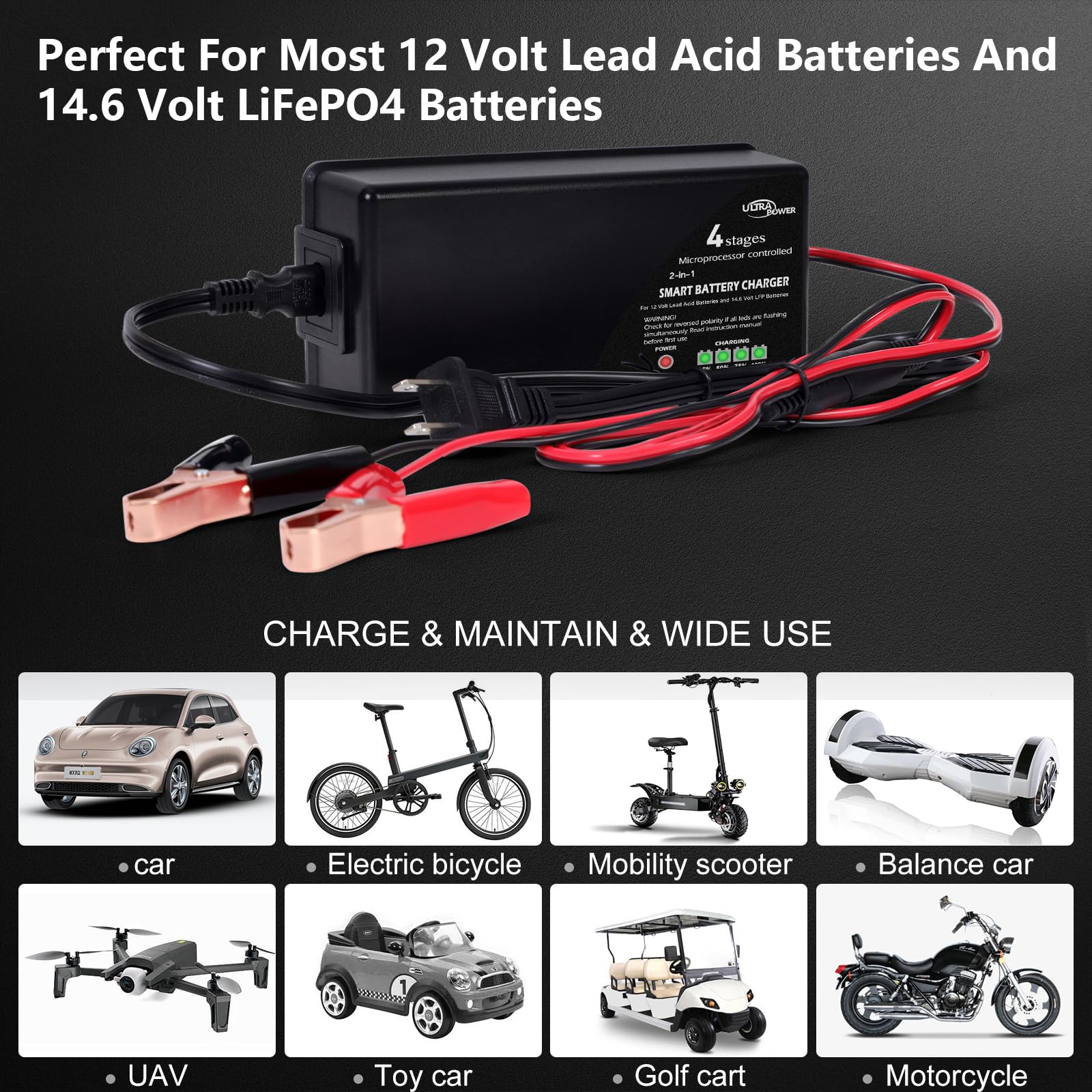 ULTRAPOWER - Cargador de batería mejorado de 10 amperios, LiFePO4 de litio de 14.6 voltios y SLA GEL de 12 voltios, cargador de batería para coche, carrito de golf, UAV, baterías de energía al aire