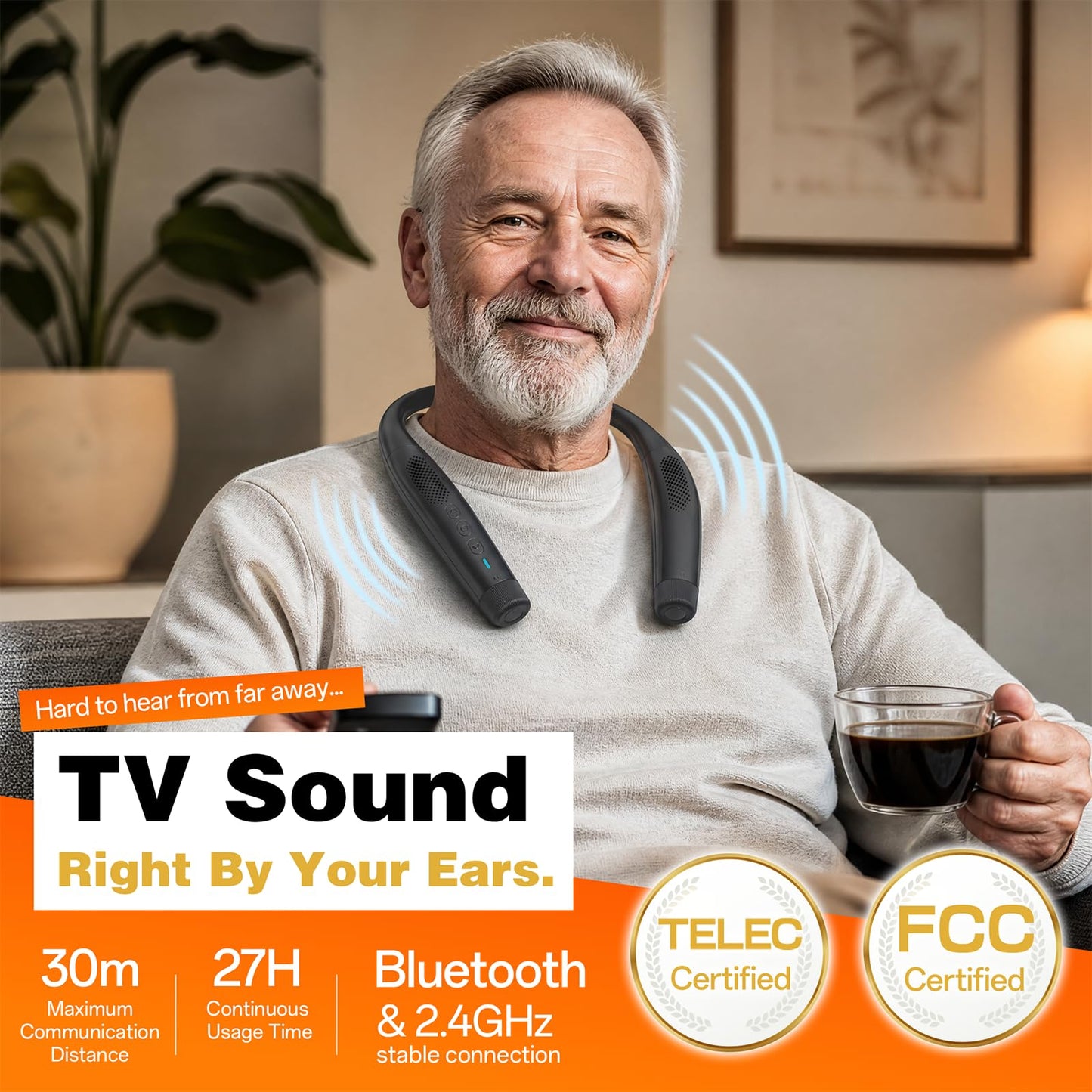 Evinof - Altavoz Bluetooth inalámbrico con banda para el cuello, cómodo y ligero, con tecnología para trabajar desde casa, micrófono integrado, 24 horas de duración de la batería