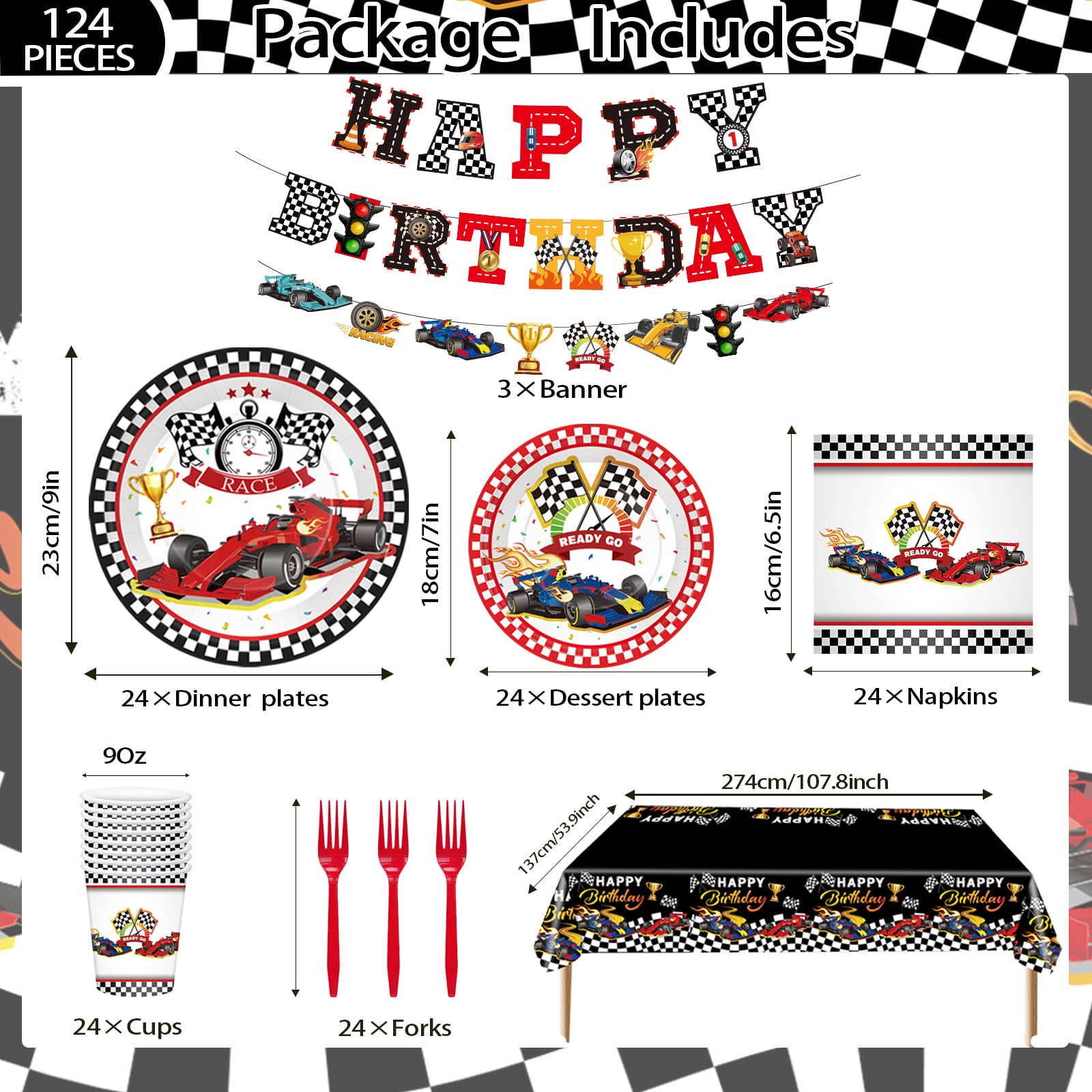 Bzxxysi - Juego de vajilla para fiesta de cumpleaños para coche, diseño rojo y negro, incluye platos, servilletas, tazas, tenedores, mantel, pancartas para 24 invitados